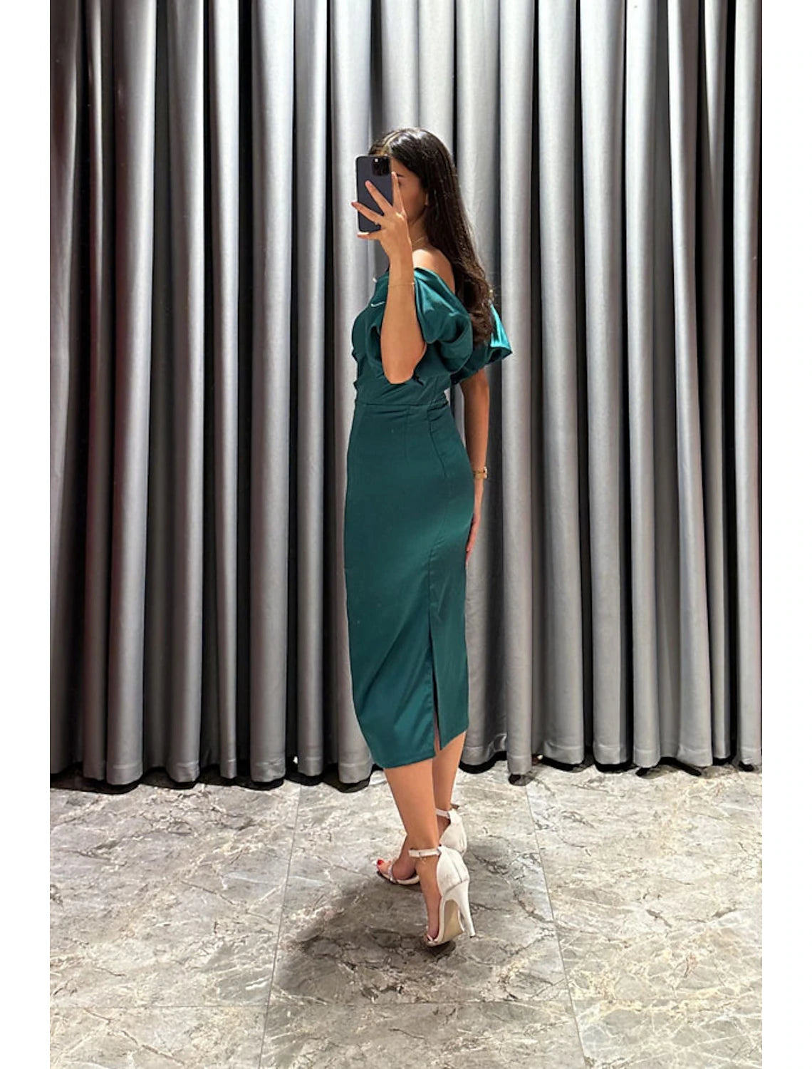 wholesale  Sheath / Column Cocktail Dresses Party Dress Formal Fall Tea Length Short Sleeve Off Shoulder Satin with Ruched Slit