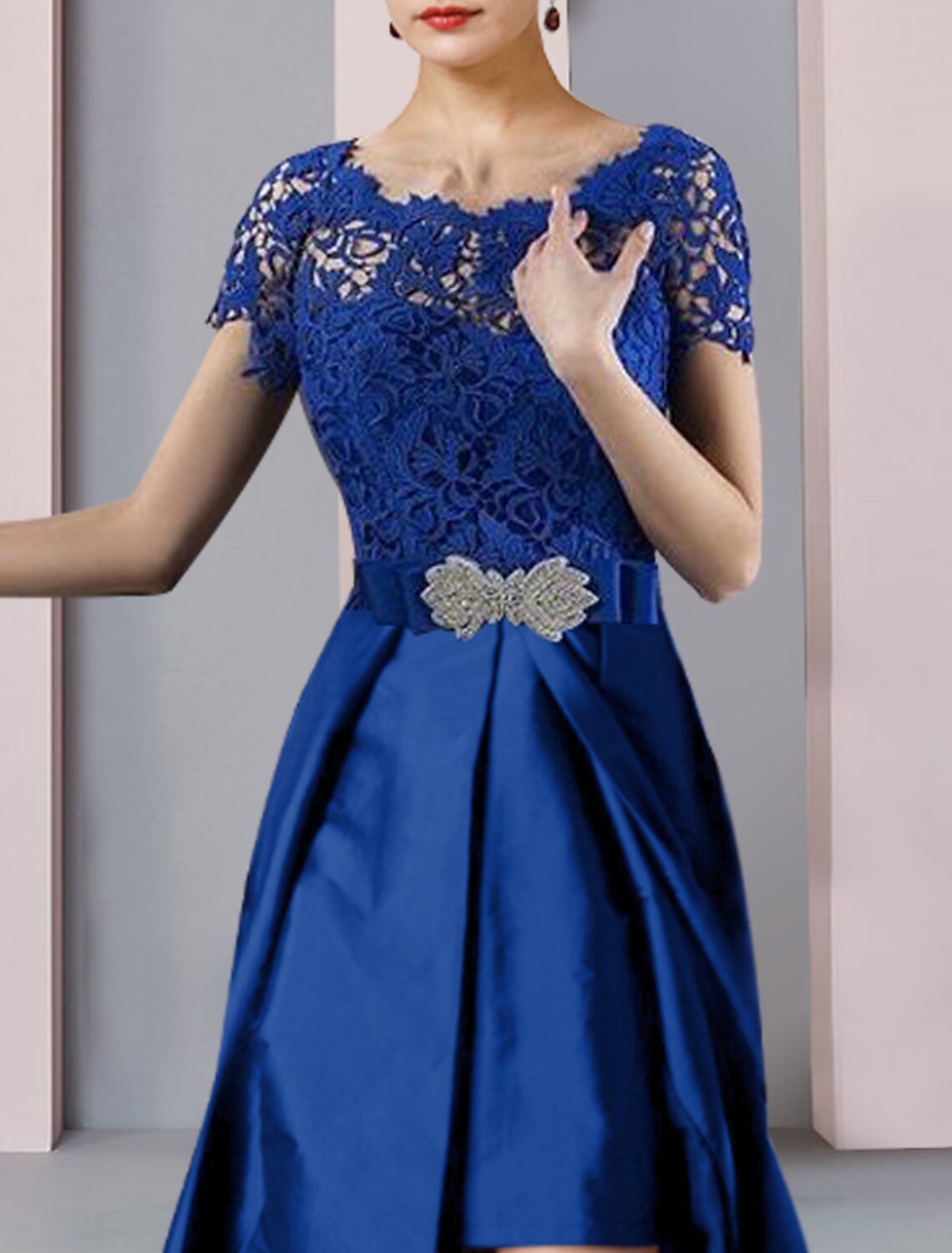 wholesale   Two Piece Sheath / Column Mother of the Bride Dress Formal Church Elegant detachable Scoop Neck Knee Length Lace Taffeta Short Sleeve with Bow(s) Crystal Brooch