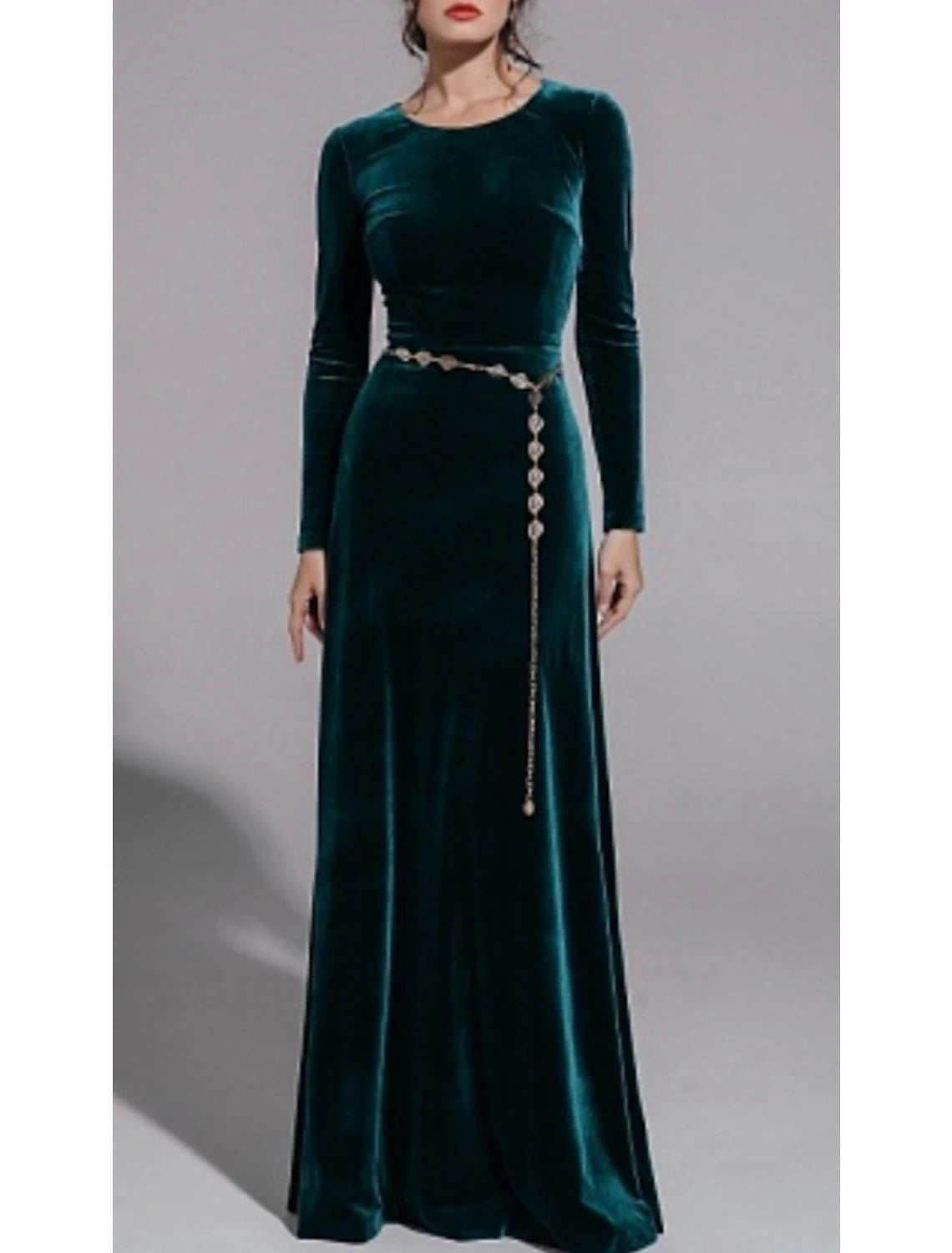 Wholesa  A-Line Mother of the Bride Dress Wedding Guest Simple Elegant Jewel Neck Floor Length Velvet Long Sleeve No with Sash / Ribbon Solid Color
