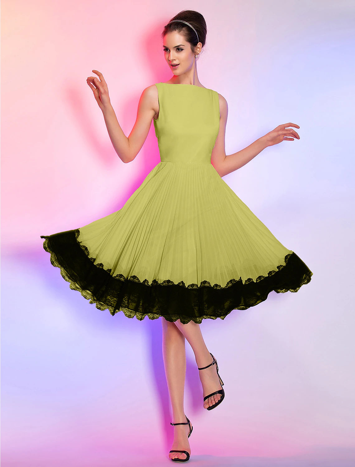 Wholesa A-Line Vintage Dress Homecoming Graduation Knee Length Sleeveless Boat Neck Pink Dress Chiffon with Lace Insert