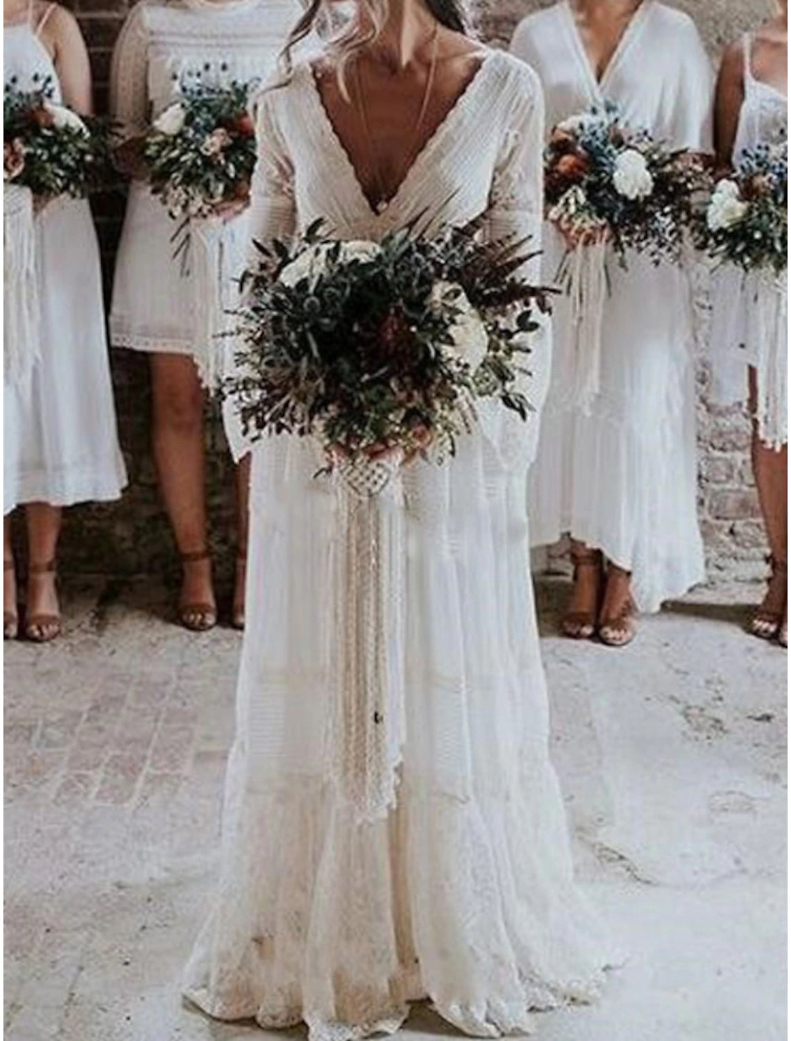 wholesale  Beach Boho Wedding Dresses A-Line V Neck Long Sleeve Floor Length Lace Outdoor Bridal Gowns With Lace