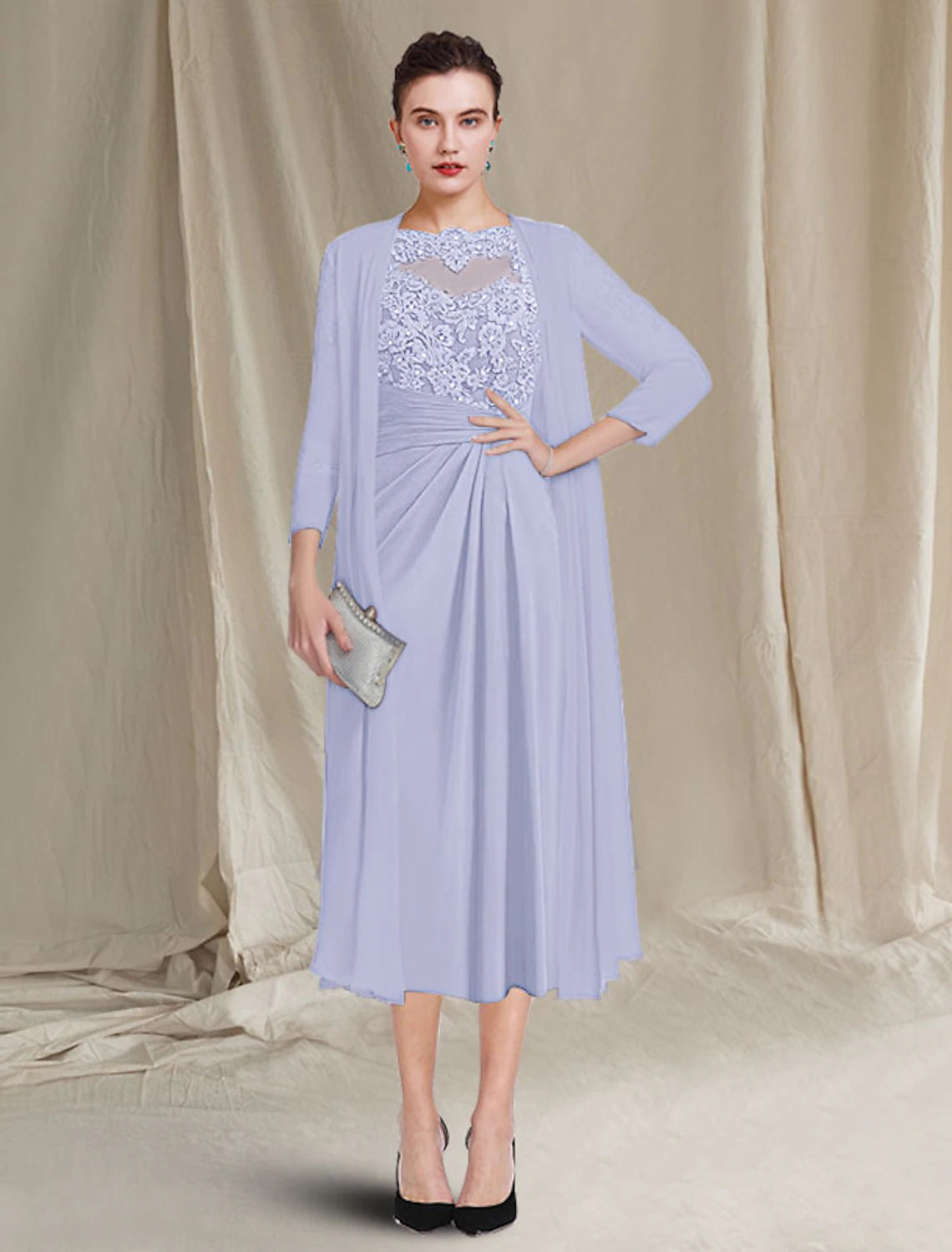 wholesale  Two Piece A-Line Mother of the Bride Dress Plus Size Elegant Jewel Neck Tea Length Chiffon Lace Half Sleeve Jacket Dresses with Crystals Appliques