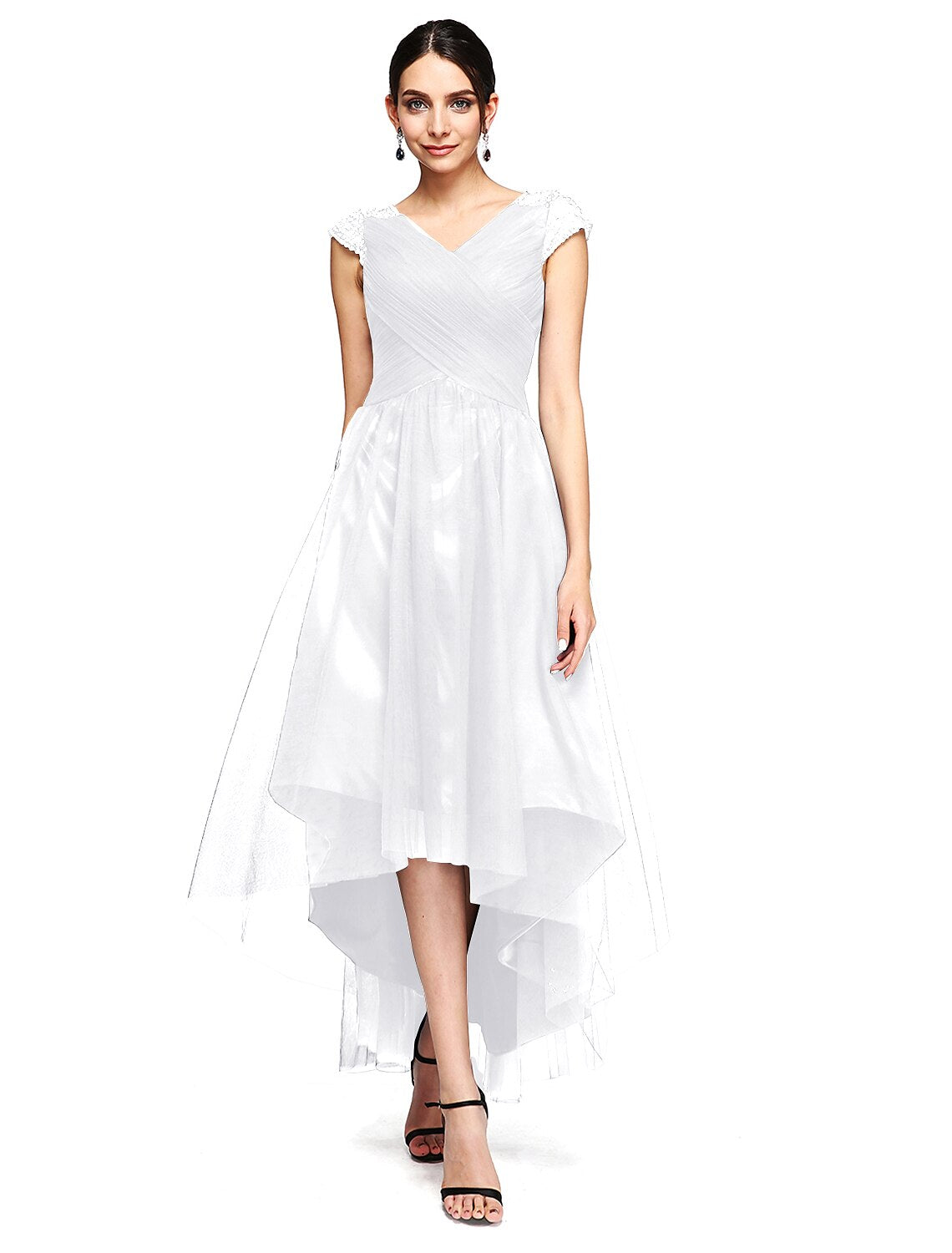 Wholesa A-Line Special Occasion Dresses Open Back Dress Wedding Guest Prom Asymmetrical Short Sleeve V Neck Tulle with Criss Cross Beading