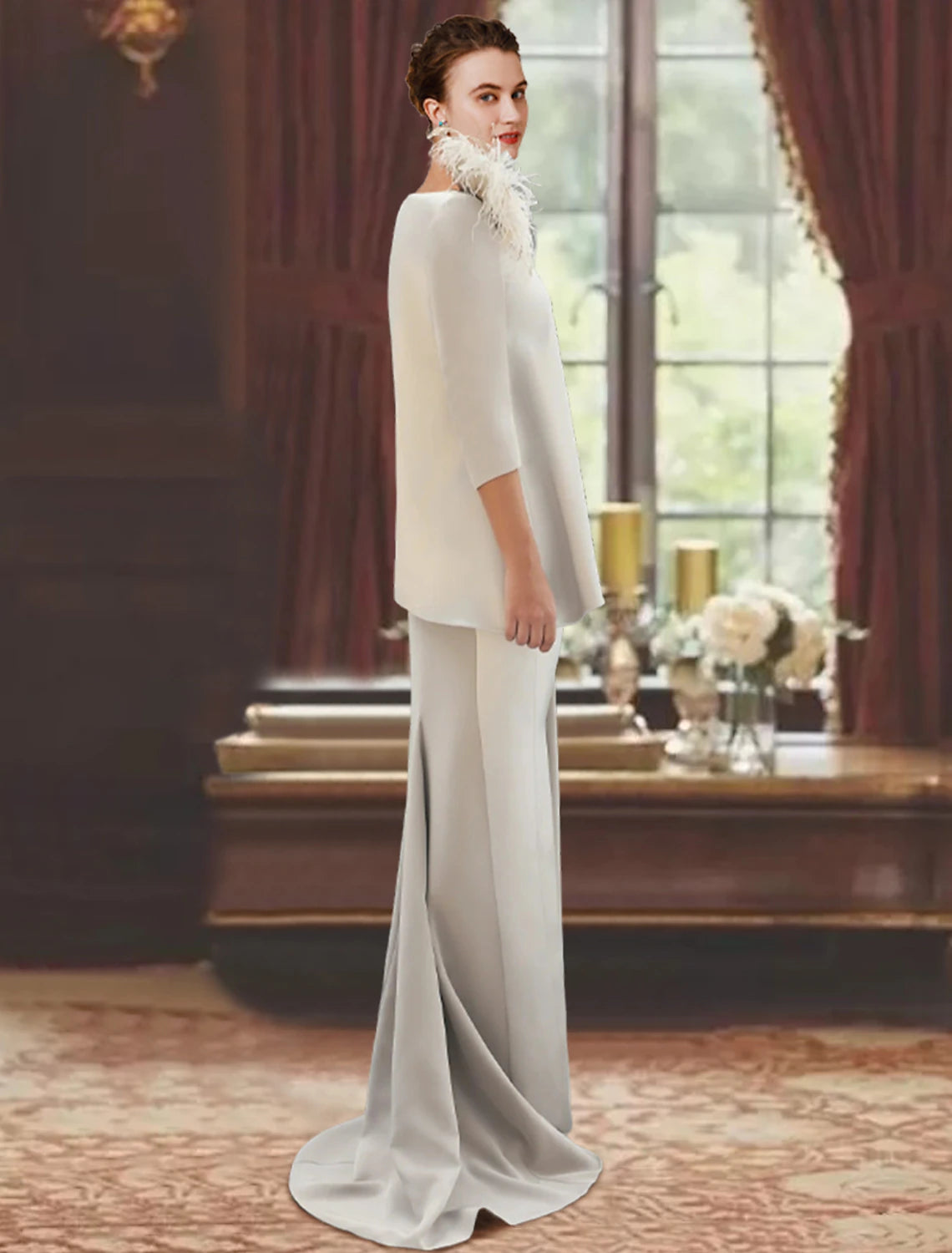 wholesale Sheath / Column Mother of the Bride Dress Formal Wedding Guest Elegant Scoop Neck Sweep / Brush Train Stretch Fabric 3/4 Length Sleeve with Feather