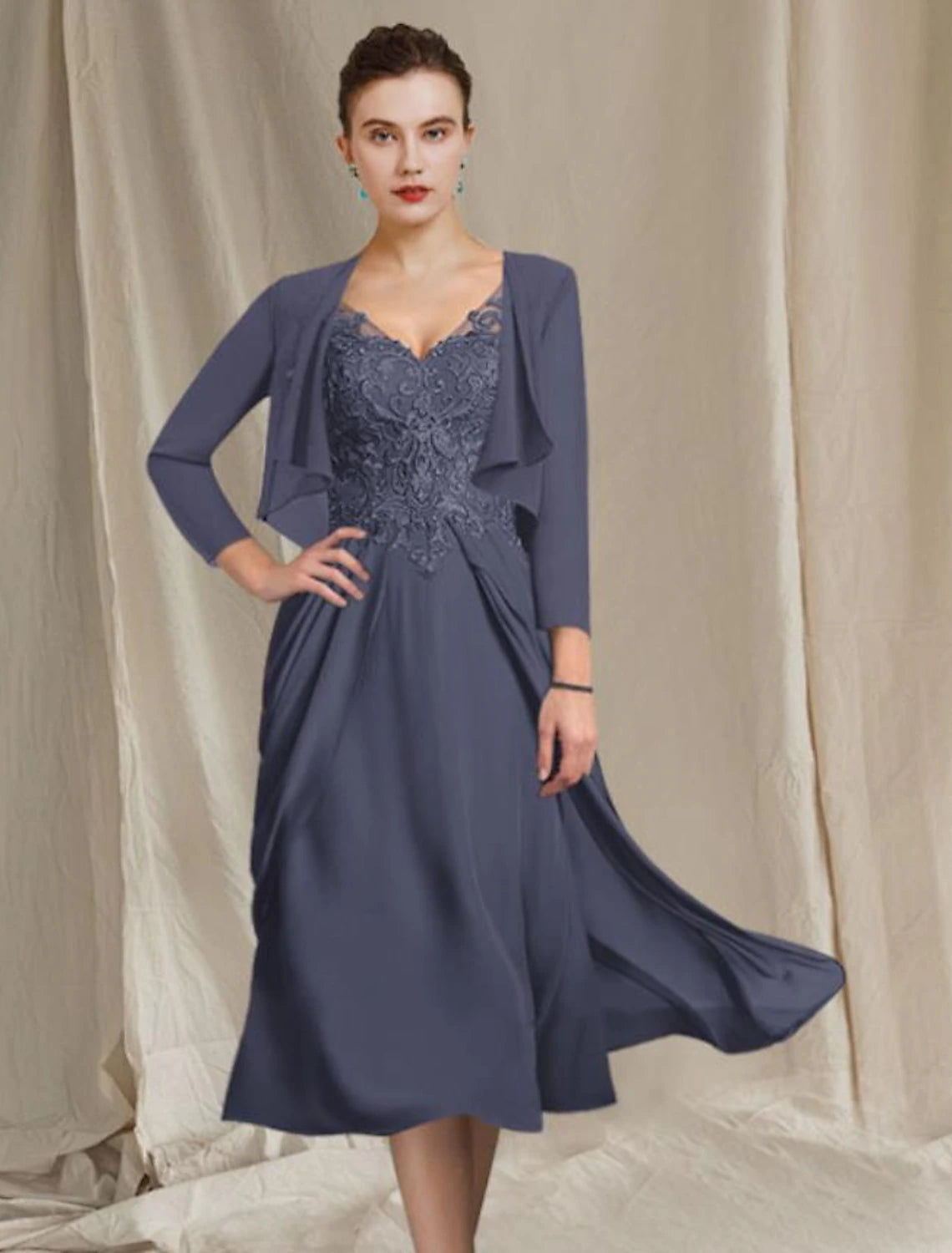 wholesale  A-Line Mother of the Bride Dress Plus Size Elegant V Neck Tea Length Chiffon Lace Short Sleeve Wrap Included with Appliques