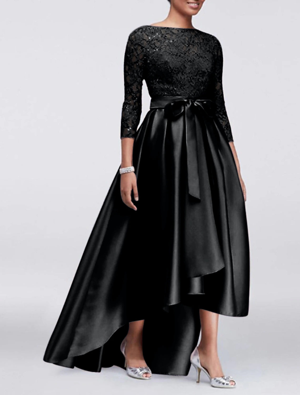 Wholesa A-Line Mother of the Bride Dress Wedding Guest Elegant Plus Size High Low Jewel Neck Asymmetrical Satin Lace 3/4 Length Sleeve with Sash / Ribbon Appliques