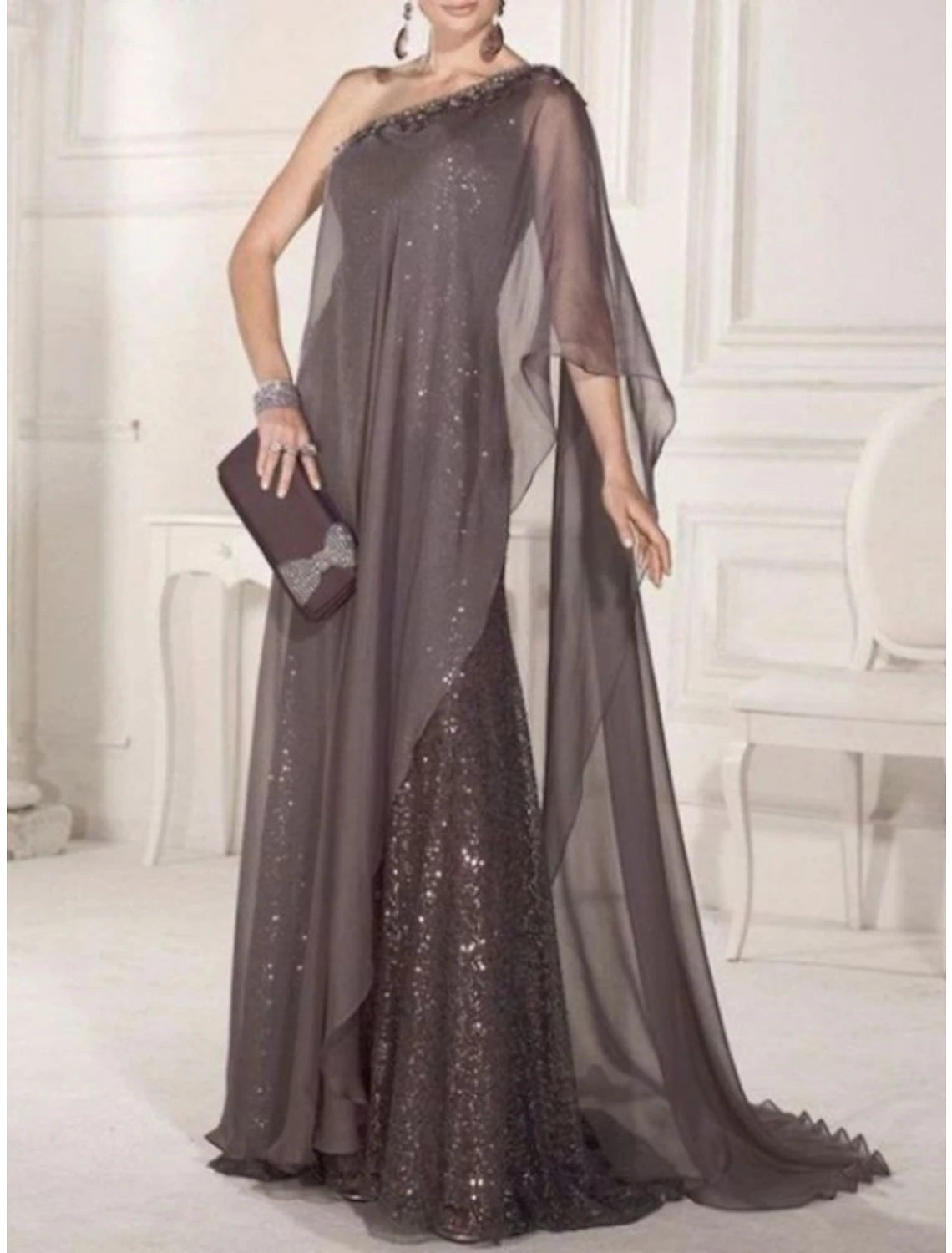 Wholesa Sheath Mother of the Bride Dress Cape Dress Wedding Guest Elegant Party Sparkle & Shine One Shoulder Sweep / Brush Train Chiffon Lace Sleeveless with Pleats Sequin