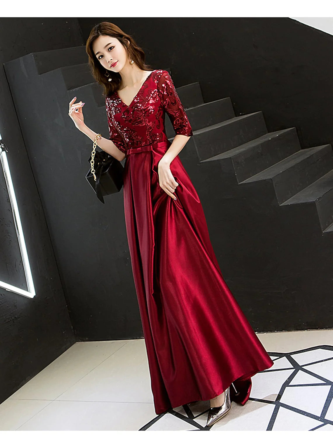 Wholesa A-Line Sparkle Elegant Wedding Guest Prom Formal Evening Dress V Neck Half Sleeve Floor Length Satin