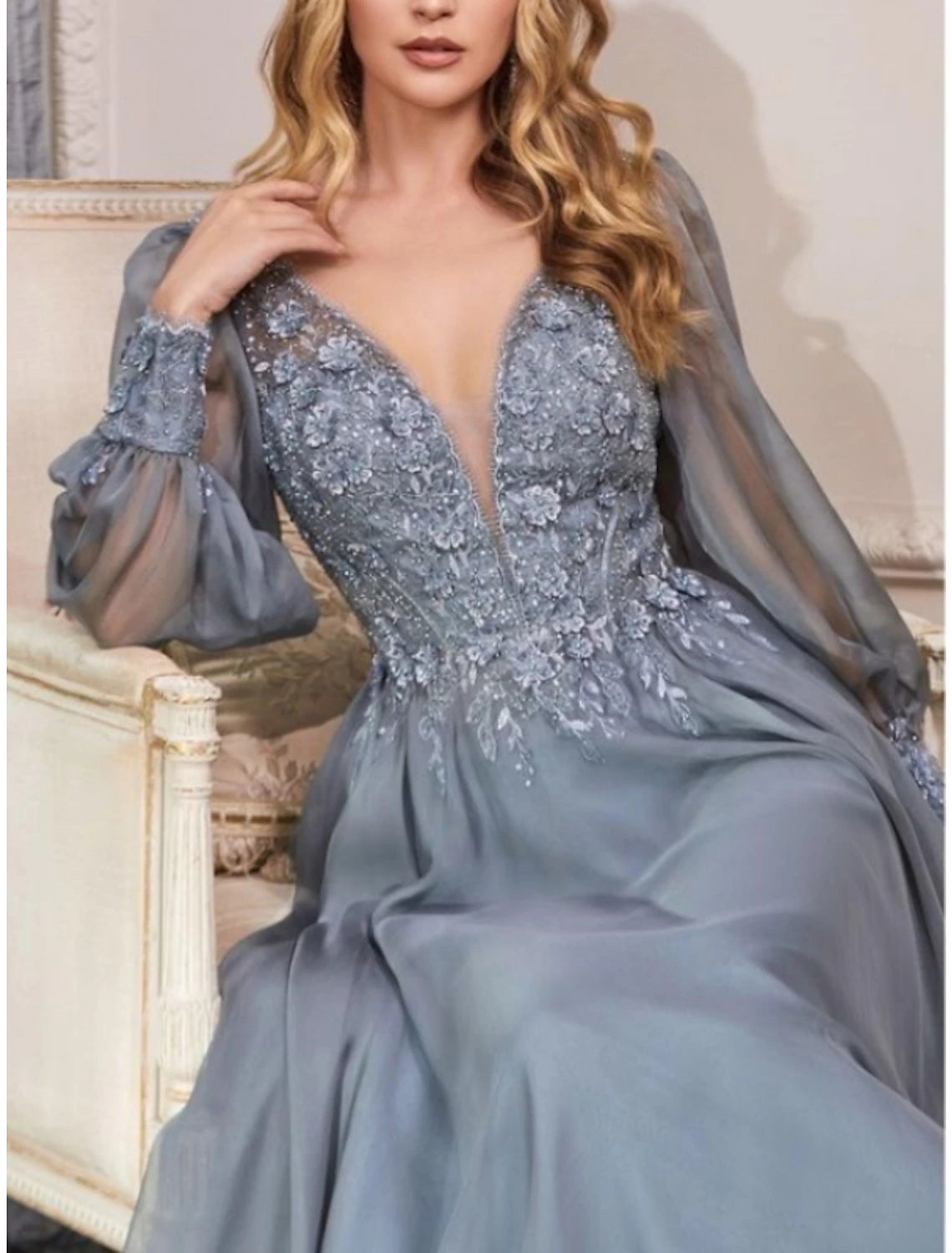 Wholesa  Sheath / Column Wedding Guest Dresses Elegant Dress Wedding Guest Floor Length Long Sleeve V Neck Bridesmaid Dress Chiffon with Pleats Appliques