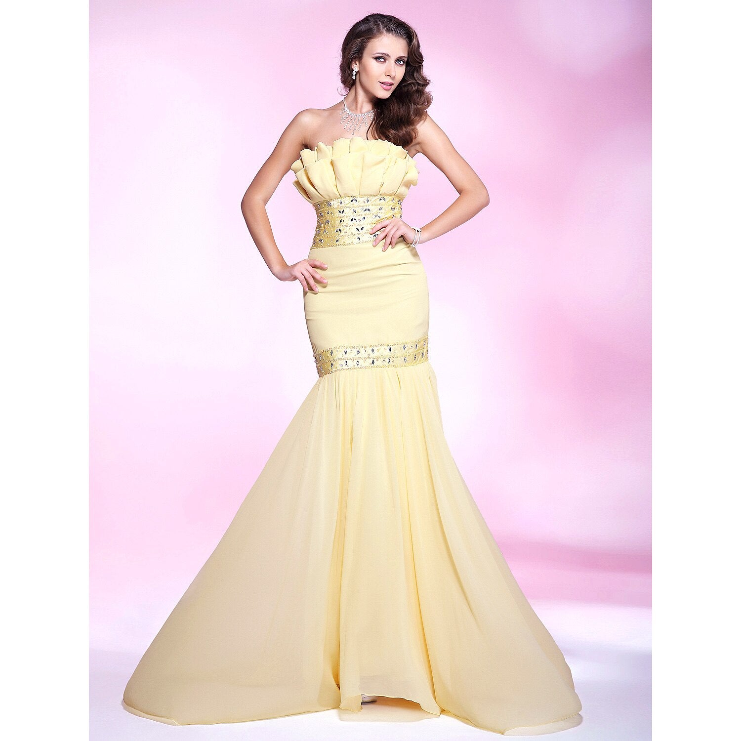 Wholesa Mermaid / Trumpet Elegant Engagement Formal Evening Dress Strapless Sleeveless Sweep / Brush Train Chiffon with Beading Ruffles