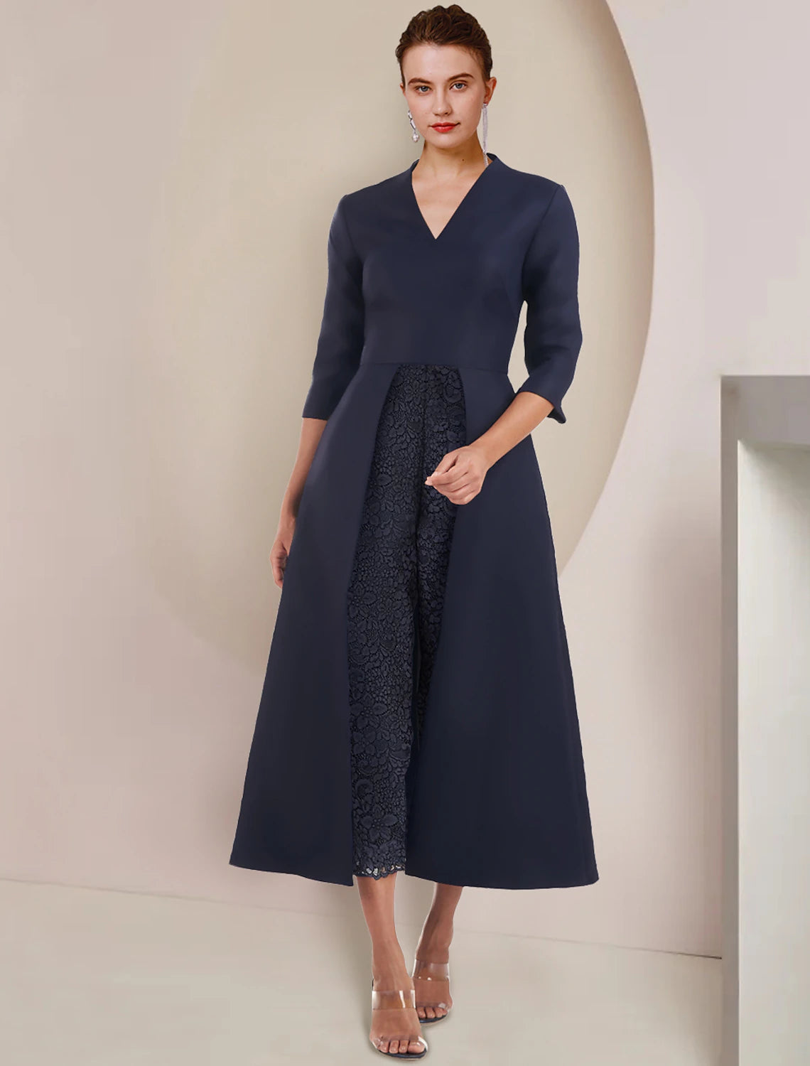 wholesale  Jumpsuit / Pantsuit Mother of the Bride Dress Wedding Guest Party Elegant V Neck Tea Length Taffeta 3/4 Length Sleeve with Solid Color