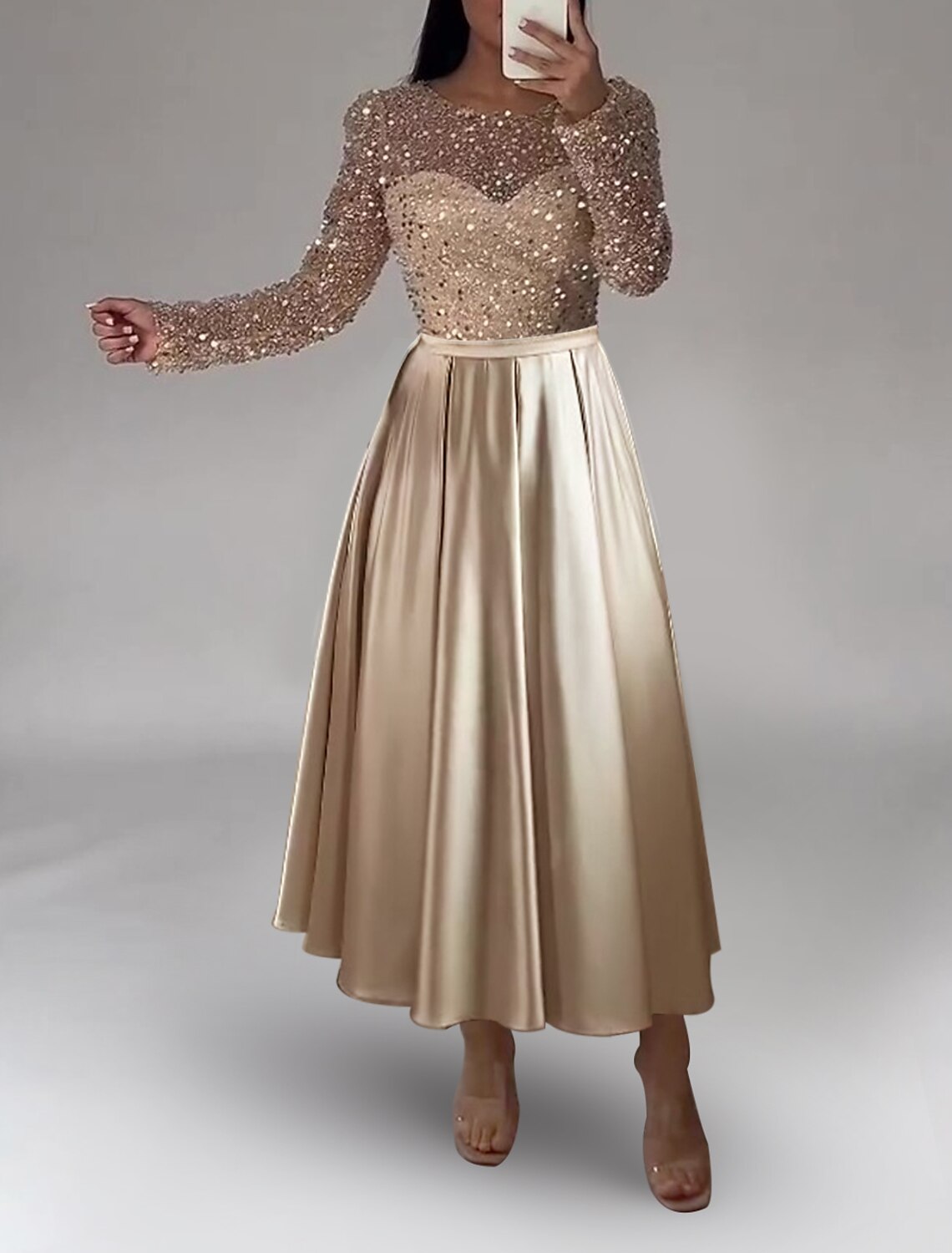 Wholesa  A-Line Evening Gown Sparkle Dress Formal Wedding Ankle Length Long Sleeve Jewel Neck Fall Wedding Guest Satin with Pearls Sequin