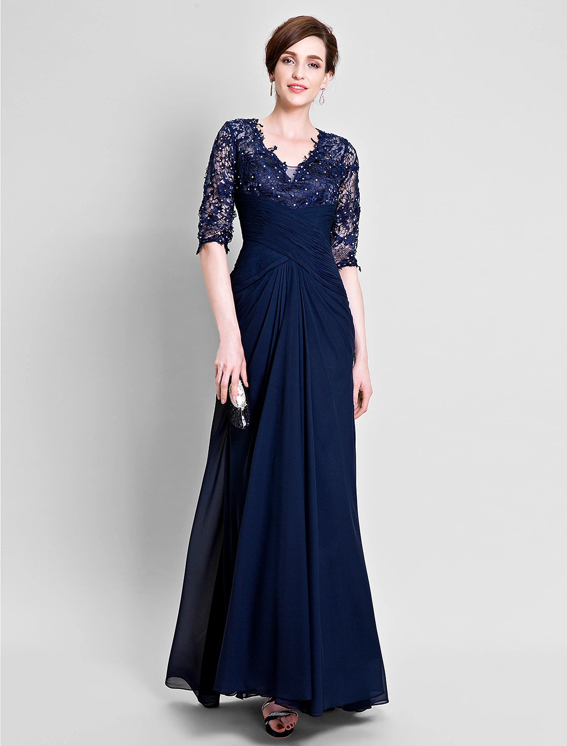 wholesale  A-Line Mother of the Bride Dress See Through V Neck Floor Length Chiffon Lace Half Sleeve No with Lace Beading