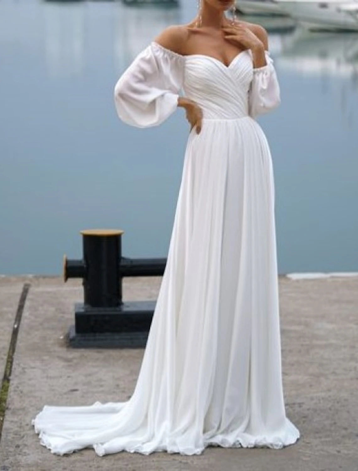 wholesale  Beach Casual Wedding Dresses A-Line Off Shoulder Long Sleeve Sweep / Brush Train Chiffon Bridal Gowns With Ruched Solid Color