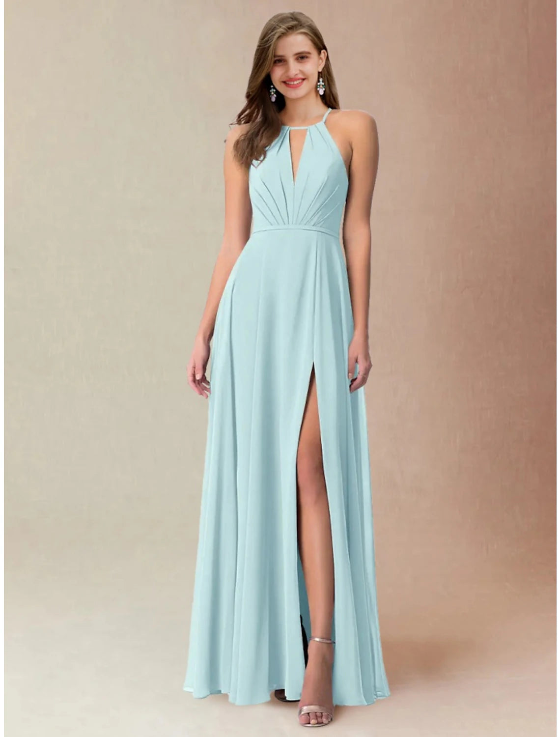 Wholesa  A-Line Bridesmaid Dress Halter Neck Sleeveless Elegant Floor Length Chiffon with Bow(s) / Split Front / Ruching