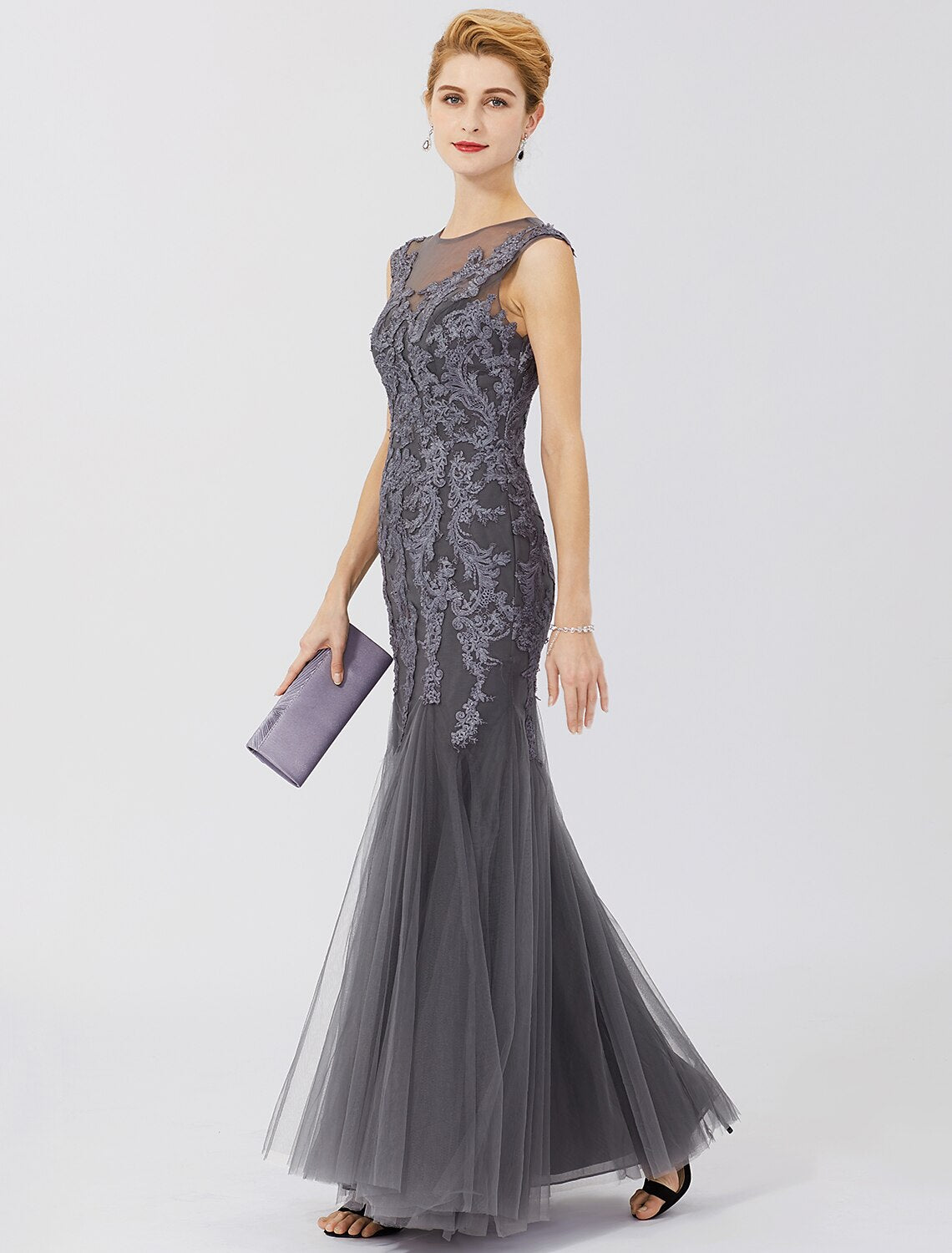 wholesale  Mermaid / Trumpet Mother of the Bride Dress Classic & Timeless Elegant & Luxurious See Through Illusion Neck Floor Length Lace Tulle Sleeveless with Pleats Appliques