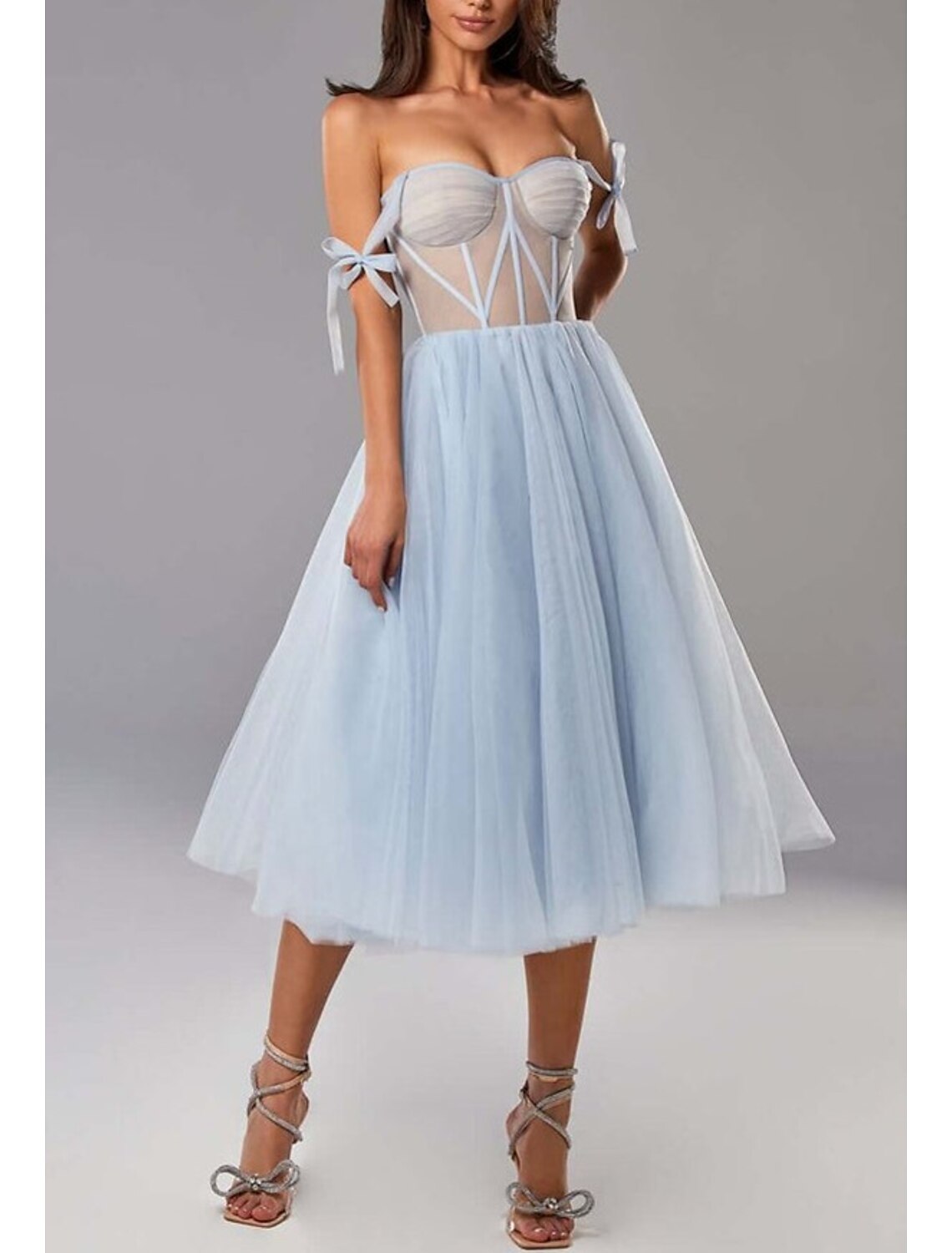 wholesale  Two Piece A-Line Prom Dresses Elegant Dress Wedding Guest Prom Tea Length Half Sleeve Sweetheart Tulle with Pleats Pure Color