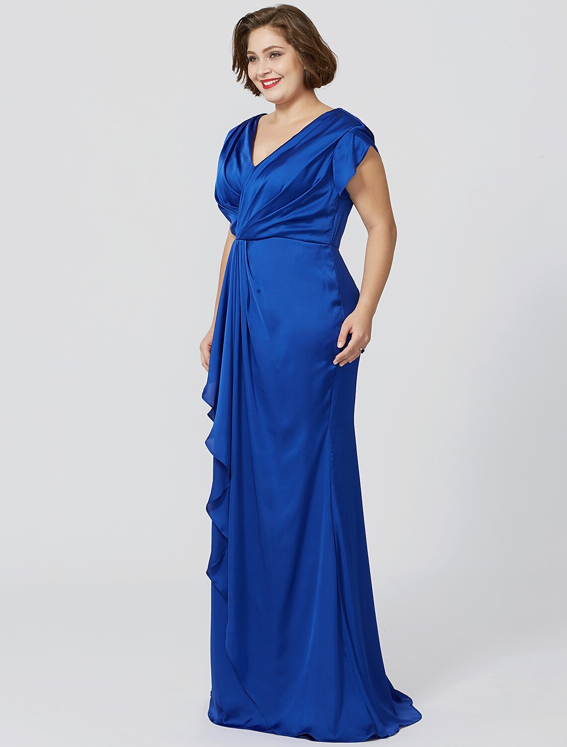 wholesale  Sheath / Column Mother of the Bride Dress Formal Chic & Modern Glamorous & Dramatic Plus Size V Neck Floor Length Chiffon Over Satin Short Sleeve No with Criss Cross Pleats