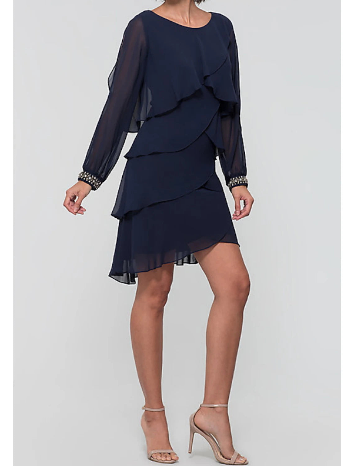 Wholesa A-Line Cocktail Dresses Black Dress Holiday Cocktail Party Short / Mini Long Sleeve Jewel Neck Fall Wedding Guest Chiffon with Beading Cascading Ruffles