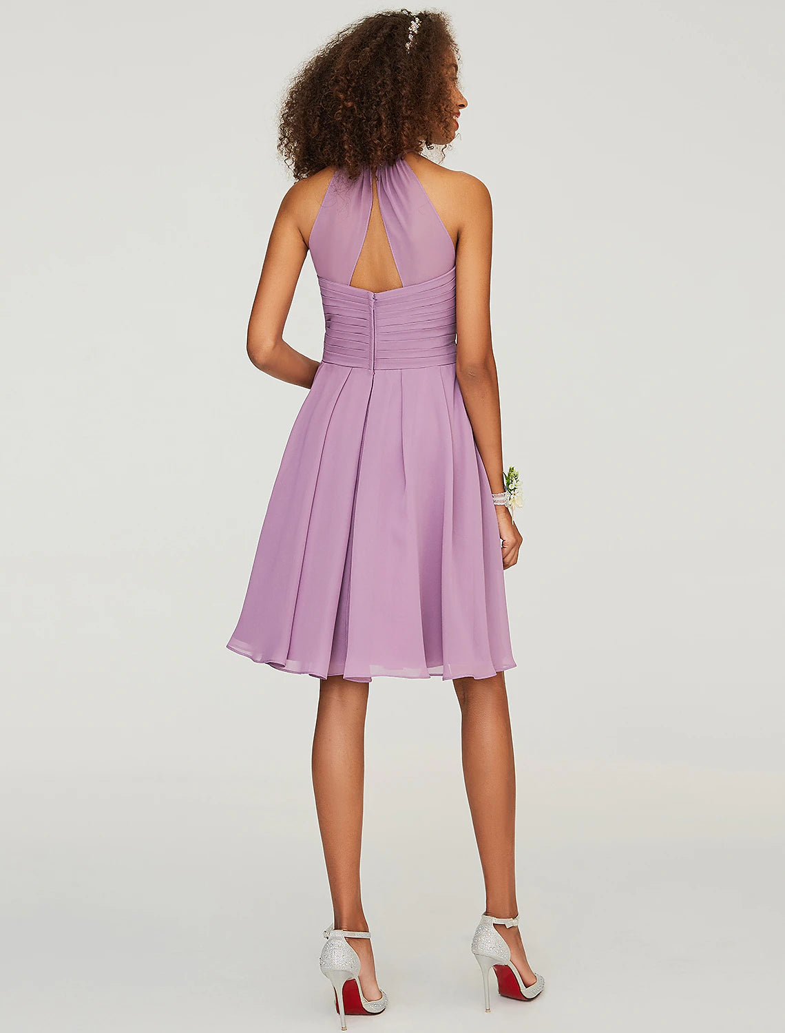 Wholesa  A-Line Bridesmaid Dress Halter Neck Sleeveless Keyhole Knee Length Chiffon with Ruffles