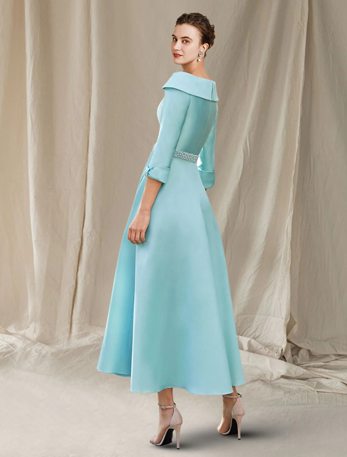 wholesale  A-Line Mother of the Bride Dress Wedding Guest Luxurious Elegant Bateau Neck Ankle Length Satin 3/4 Length Sleeve with Sash / Ribbon Bow(s) Beading