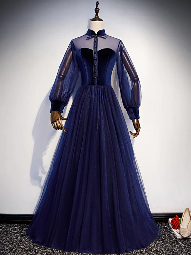 Wholesa A-Line Prom Dresses Vintage Dress Party Wear Floor Length Long Sleeve Stand Collar Tulle with Bow(s) Strappy