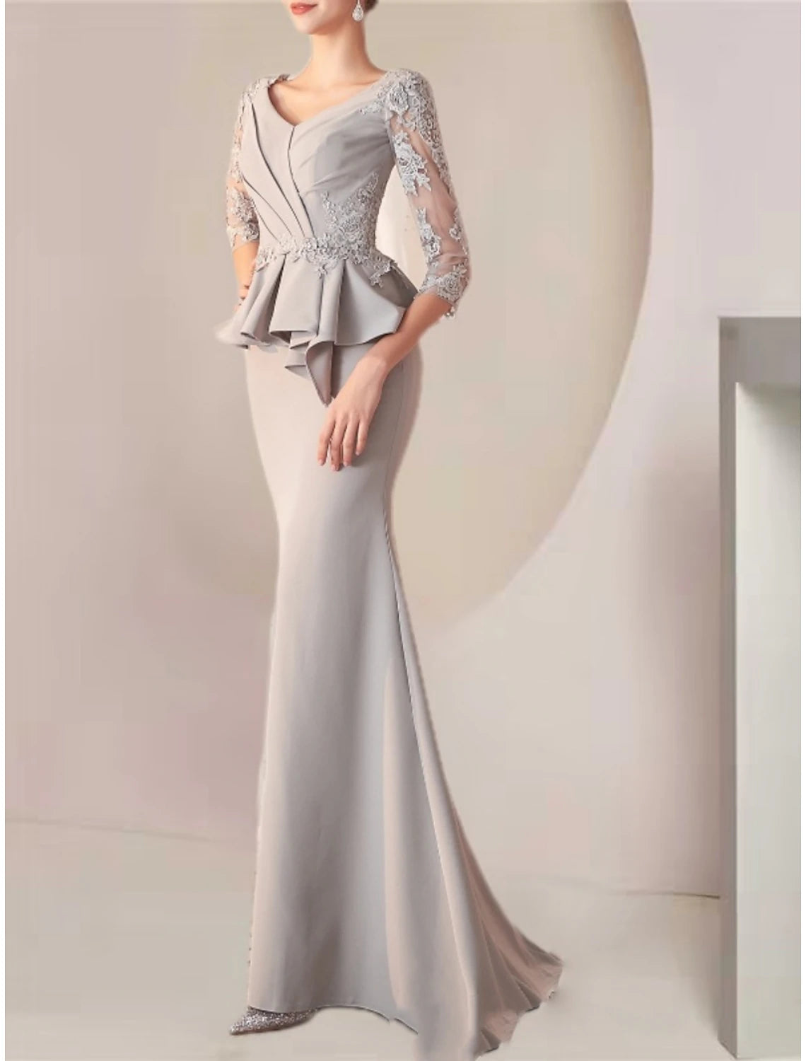 Wholesa Mermaid / Trumpet Mother of the Bride Dress Wedding Guest Elegant V Neck Sweep / Brush Train Stretch Fabric Half Sleeve with Lace Ruching