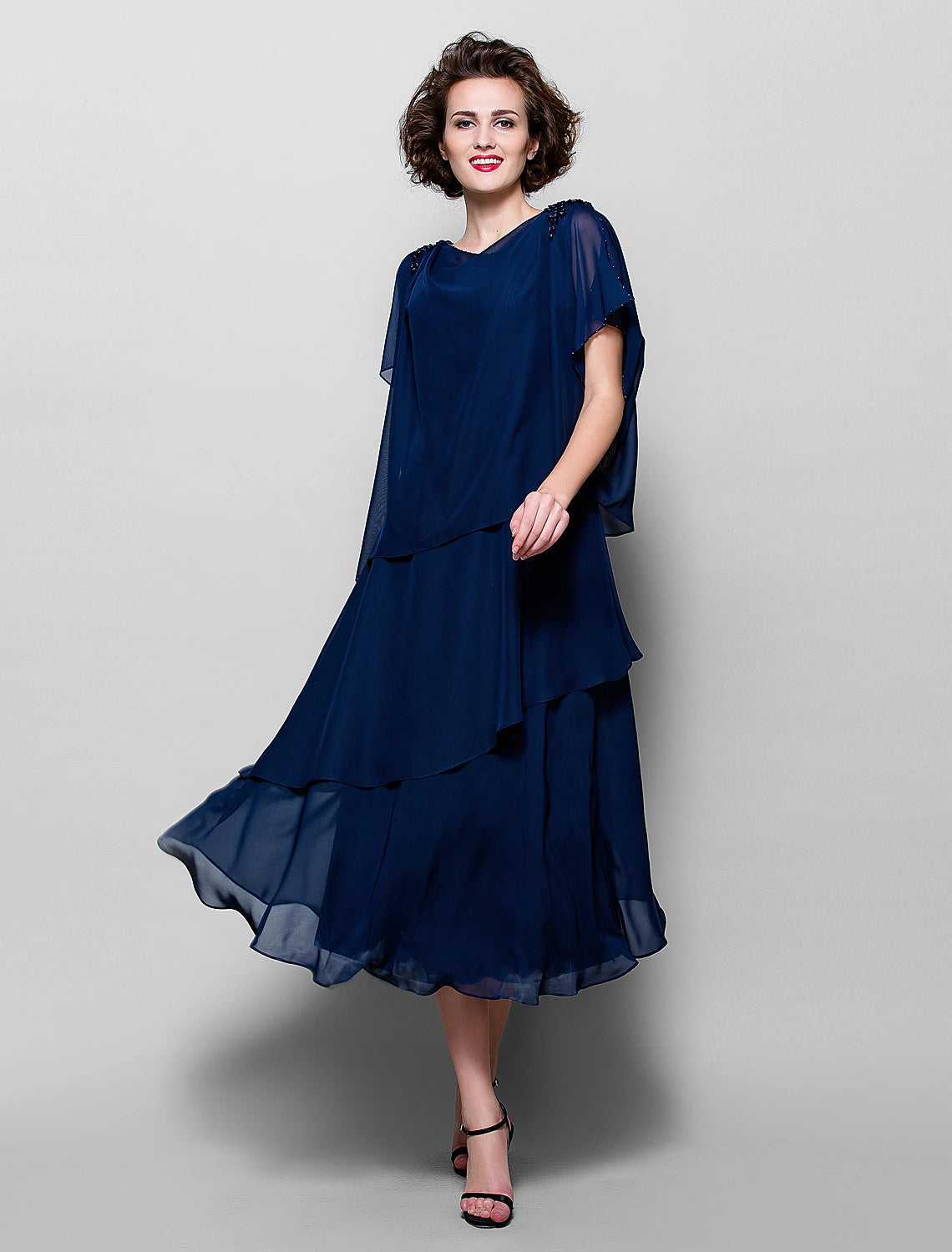 wholesale  A-Line Mother of the Bride Dress Plus Size Elegant Cowl Neck Tea Length Chiffon Short Sleeve with Ruffles Crystal Brooch