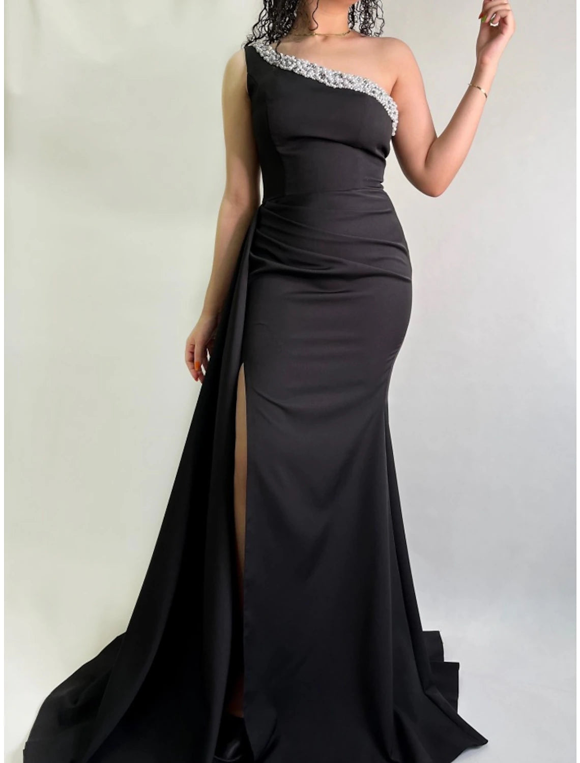 Wholesa A-Line Evening Gown Elegant Dress Formal Sweep / Brush Train Black Dress Sleeveless One Shoulder Imitation Silk with Pleats Ruched Beading