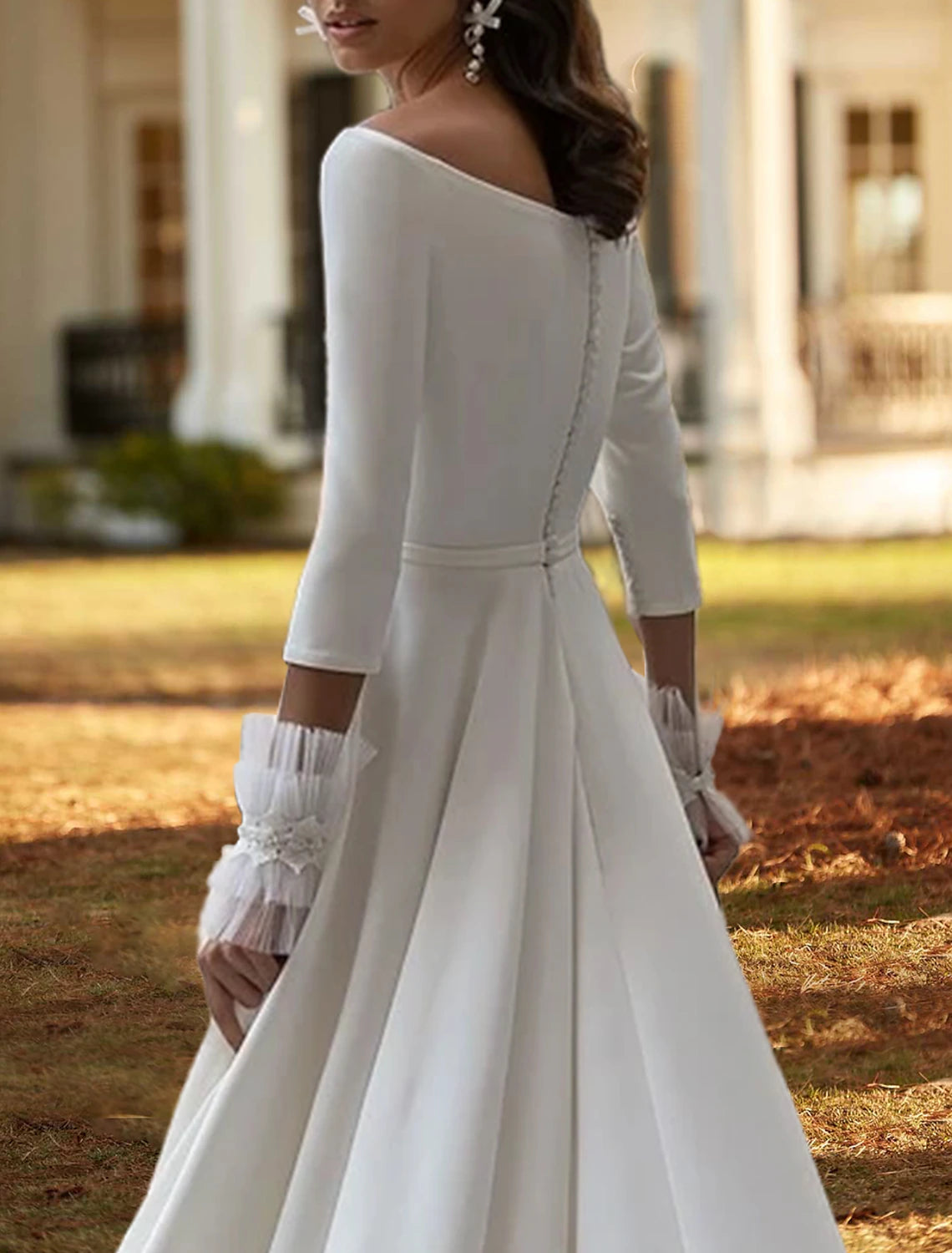 Wholesa Casual Wedding Dresses A-Line Off Shoulder 3/4 Length Sleeve Court Train Stretch Fabric Bridal Gowns With Bow(s) Pleats