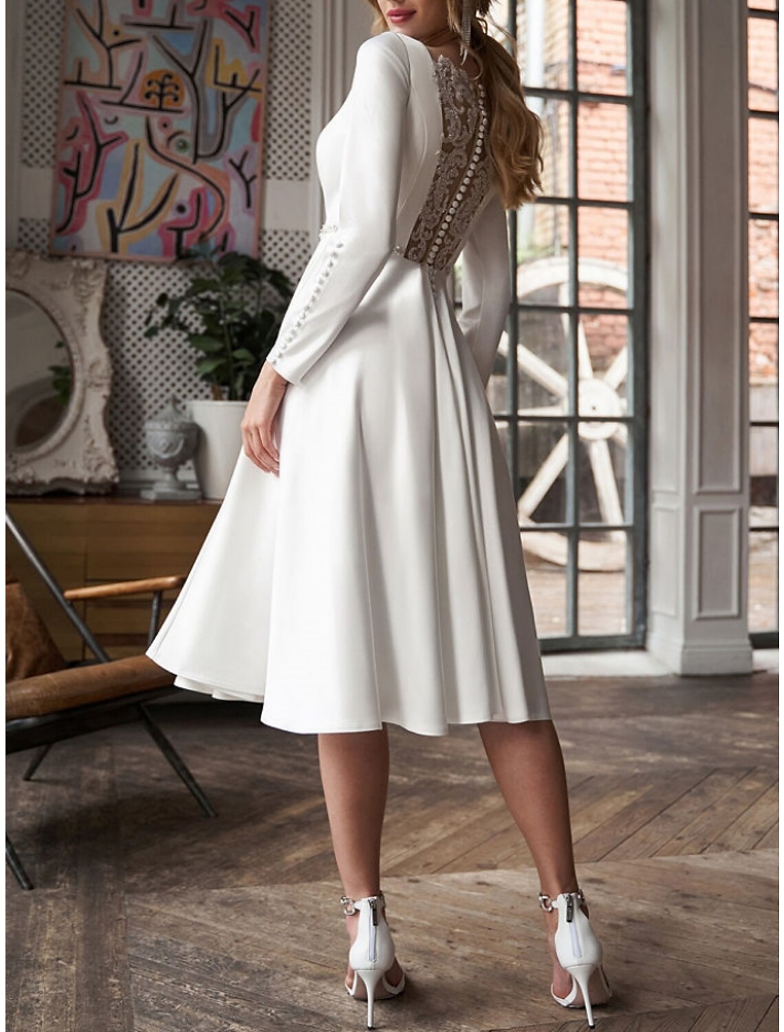 Wholesa Simple Wedding Dresses Little White Dresses A-Line Scoop Neck Long Sleeve Knee Length Satin Bridal Gowns With Pleats Beading