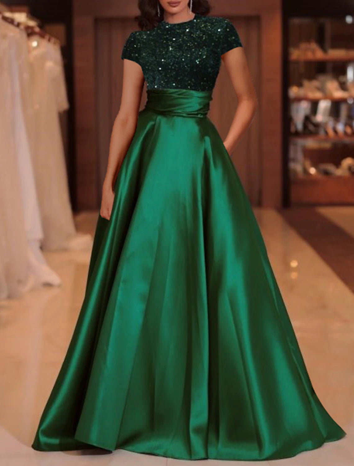 Wholesa A-Line Evening Gown Elegant Dress Red Green Dress Floor Length Short Sleeve High Neck Satin with Sequin