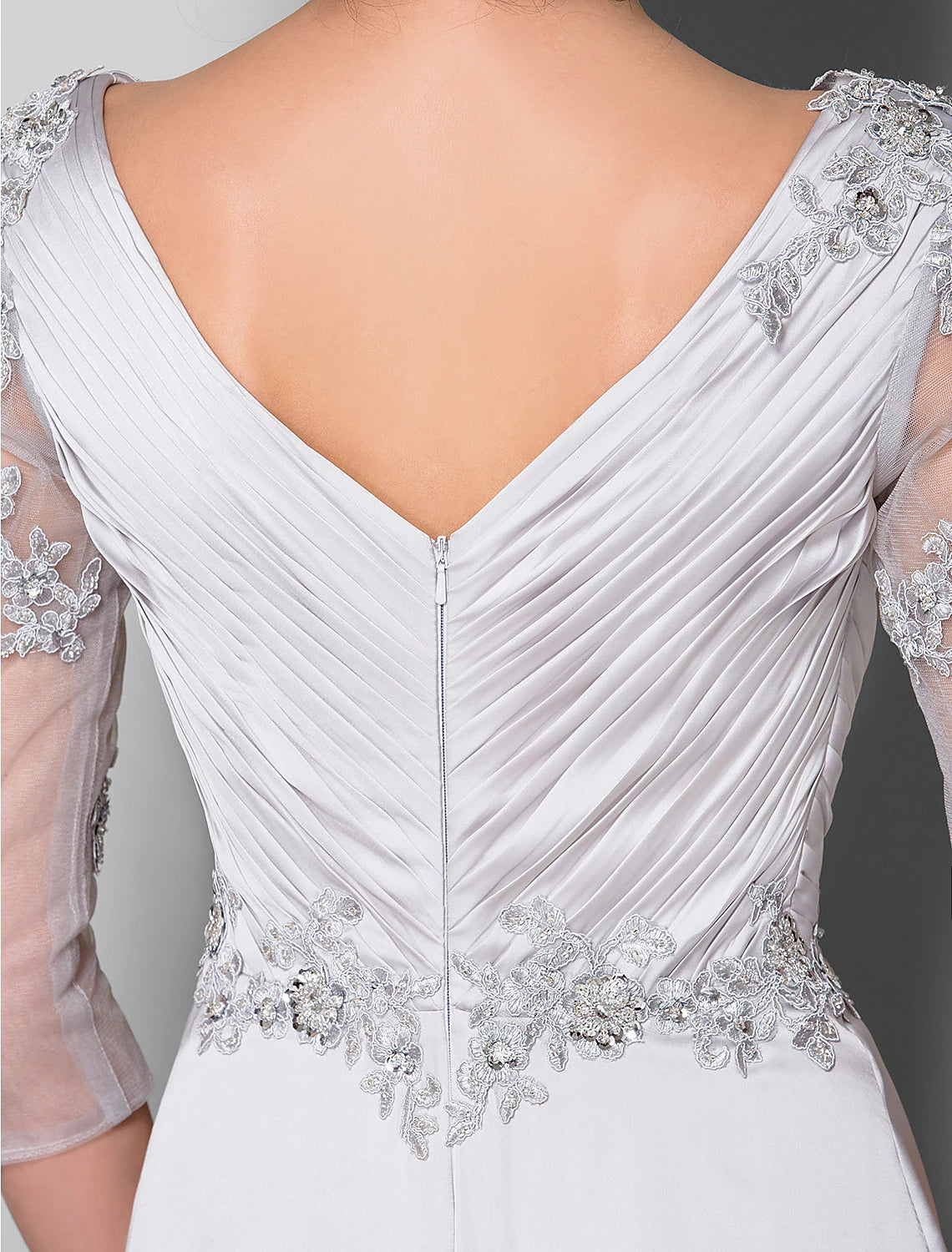 wholesale  A-Line Mother of the Bride Dress V Neck Sweep / Brush Train Satin Chiffon 3/4 Length Sleeve with Criss Cross Beading Applique