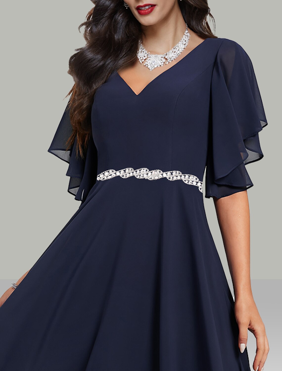 Wholesa  A-Line Wedding Guest Dresses Elegant Dress Cocktail Party Tea Length Short Sleeve V Neck Belt / Sash Chiffon with Rhinestone Glitter Embroidery