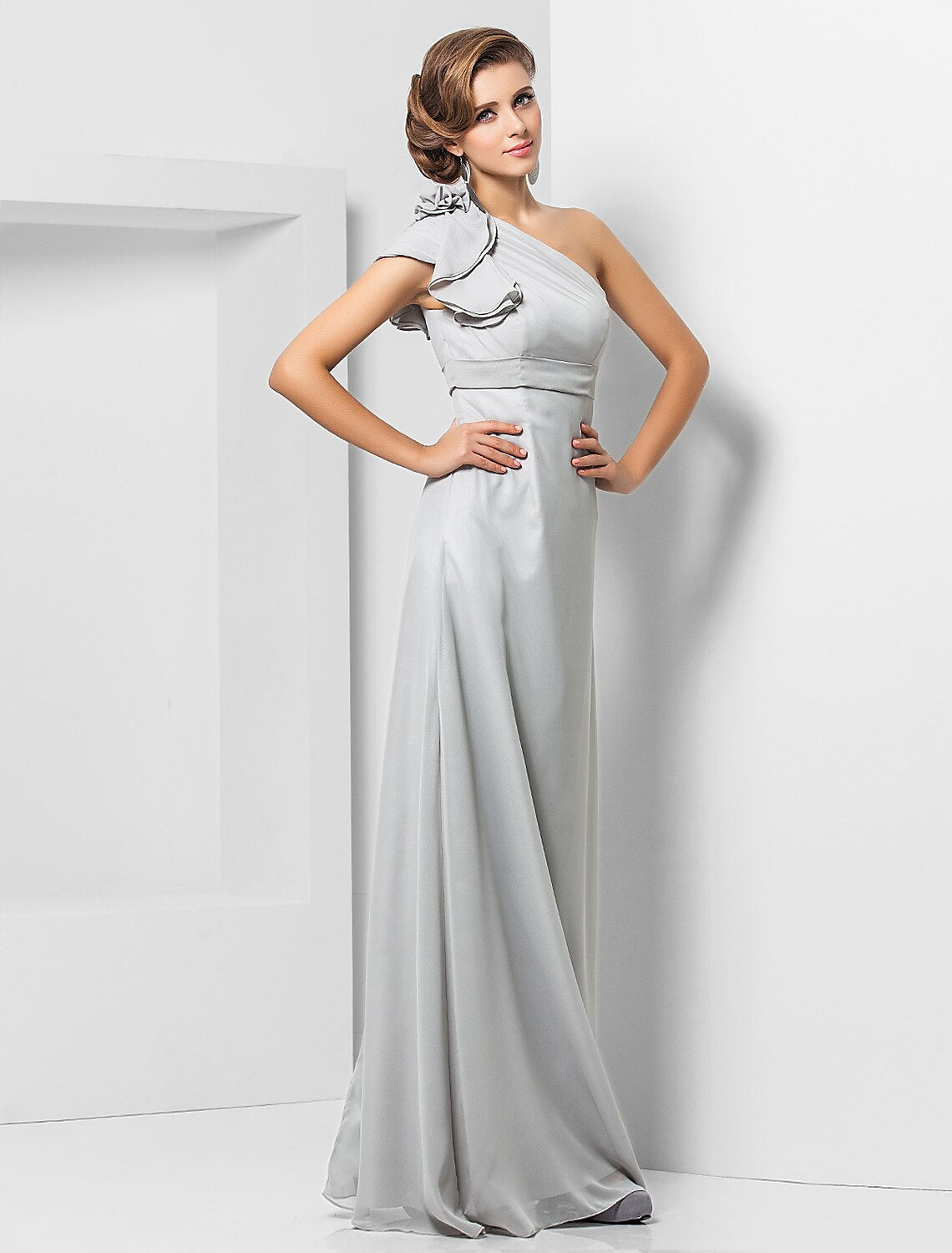 Wholesa Sheath / Column Elegant Dress Wedding Guest Formal Evening Floor Length Sleeveless One Shoulder Bridesmaid Dress Chiffon with Sash / Ribbon Appliques