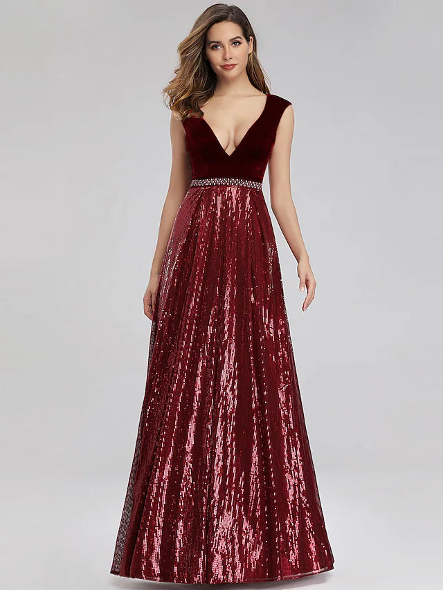 Wholesa A-Line Prom Dresses Elegant Dress Prom Floor Length Sleeveless Plunging Neck Sequined with Sash / Ribbon Beading