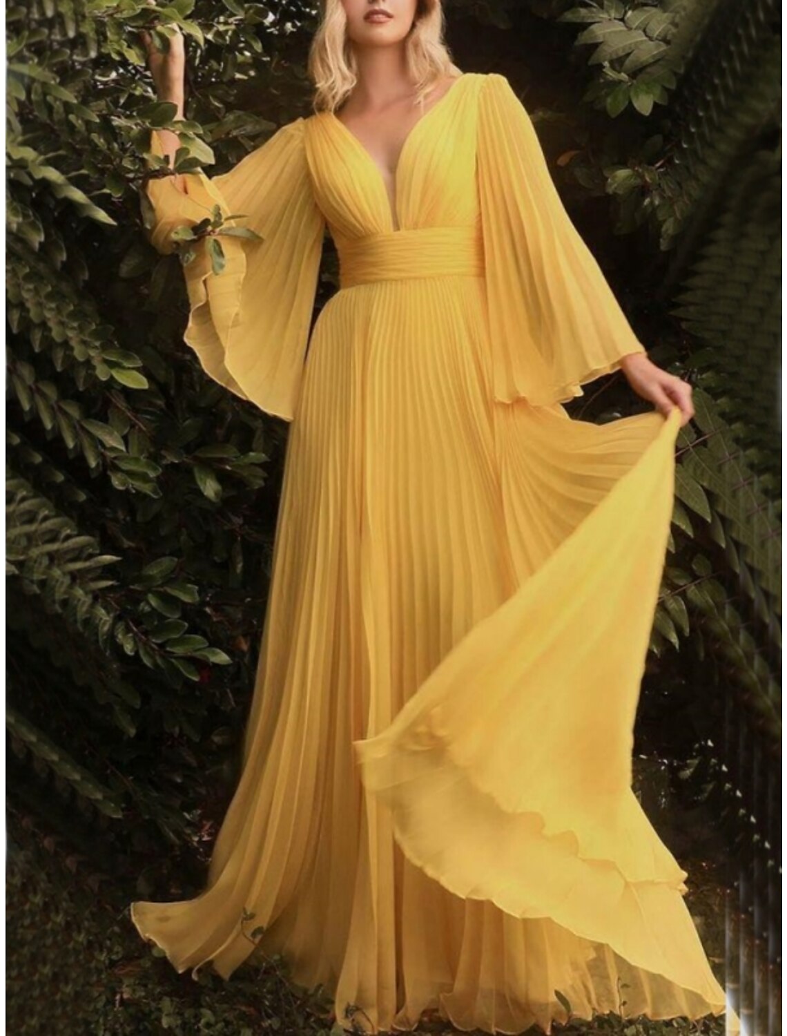 Wholesa Sheath / Column Wedding Guest Dresses Elegant Dress Wedding Guest Floor Length Long Sleeve V Neck Chiffon with Pleats Ruched