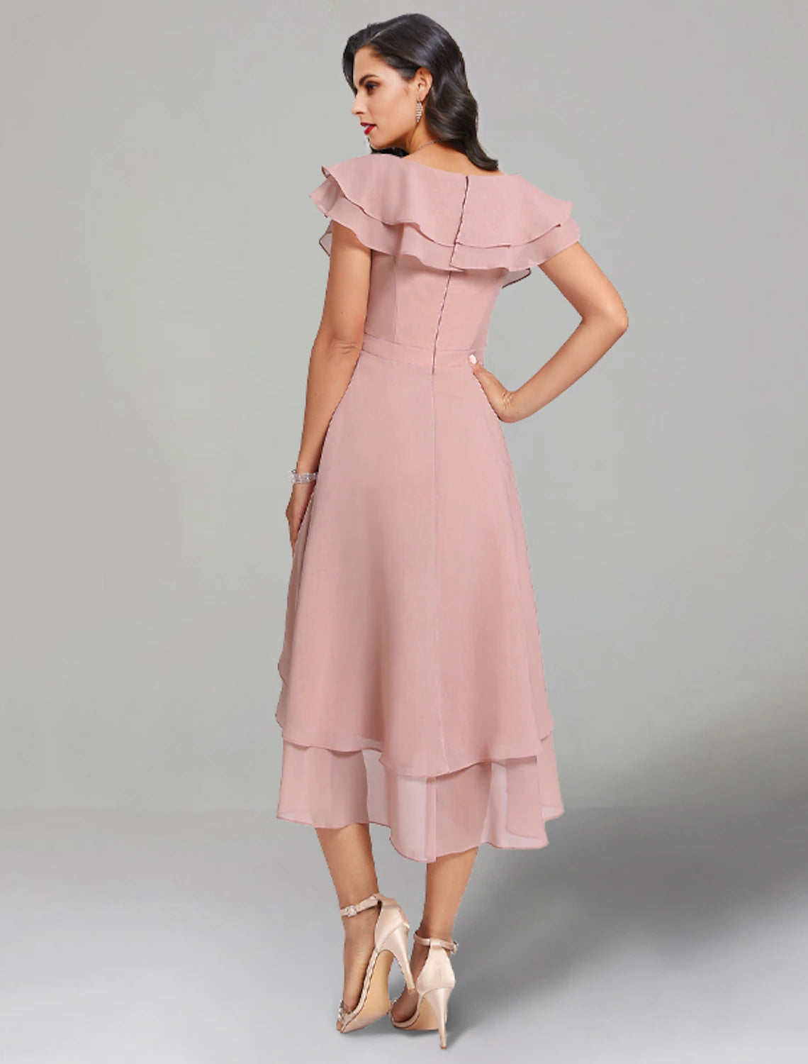 Wholesa  A-Line Wedding Guest Dresses Elegant Dress Cocktail Party Semi Formal Tea Length Short Sleeve V Neck Chiffon with Slit