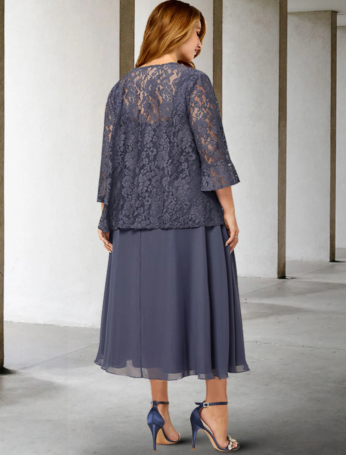 wholesale  Two Piece A-Line Mother of the Bride Dresses Plus Size Hide Belly Curve Elegant Dress Formal Tea Length Sleeveless Square Neck Chiffon with Beading