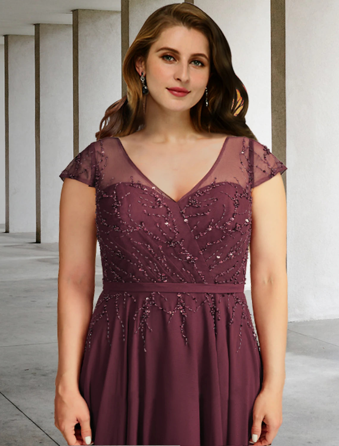 wholesale  A-Line Mother of the Bride Dresses Plus Size Hide Belly Curve Elegant Dress Formal Floor Length Short Sleeve V Neck Chiffon with Pleats Beading