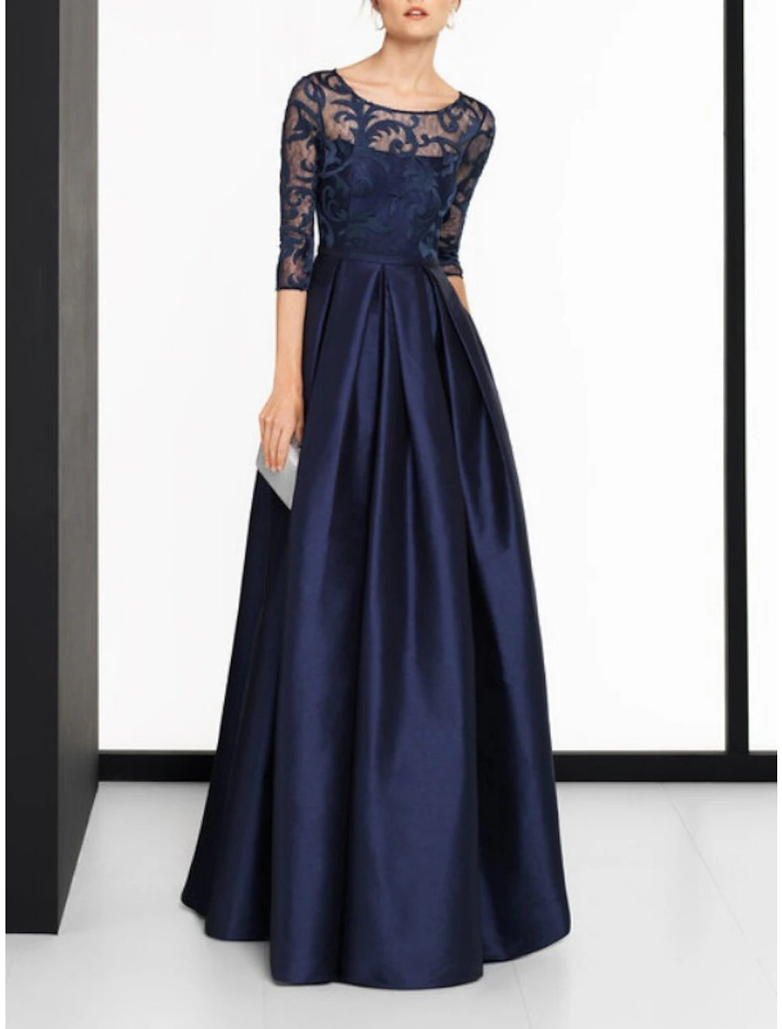 Wholesa A-Line Mother of the Bride Dress Wedding Guest Elegant Vintage Jewel Neck Floor Length Satin Lace 3/4 Length Sleeve with Pleats Solid Color