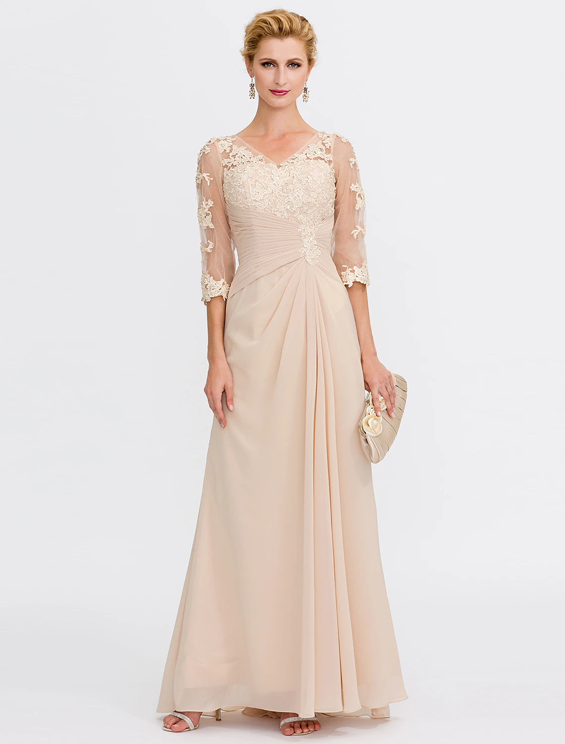 wholesale  A-Line Mother of the Bride Dress Fall Wedding Guest Dresses Plus Size Elegant See Through V Neck Floor Length Chiffon Half Sleeve with Appliques Side Draping