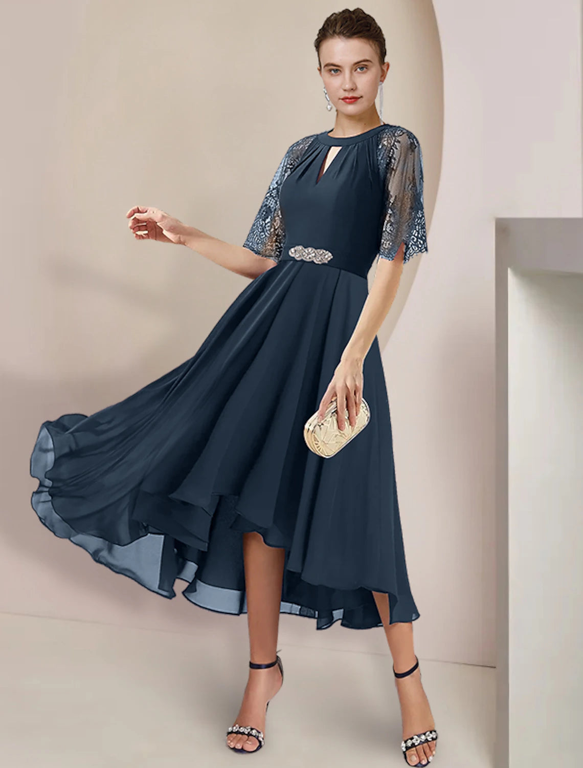 wholesale   A-Line Mother of the Bride Dress Formal Wedding Guest Party Elegant High Low Scoop Neck Tea Length Chiffon Lace 3/4 Length Sleeve with Pleats Crystal Brooch