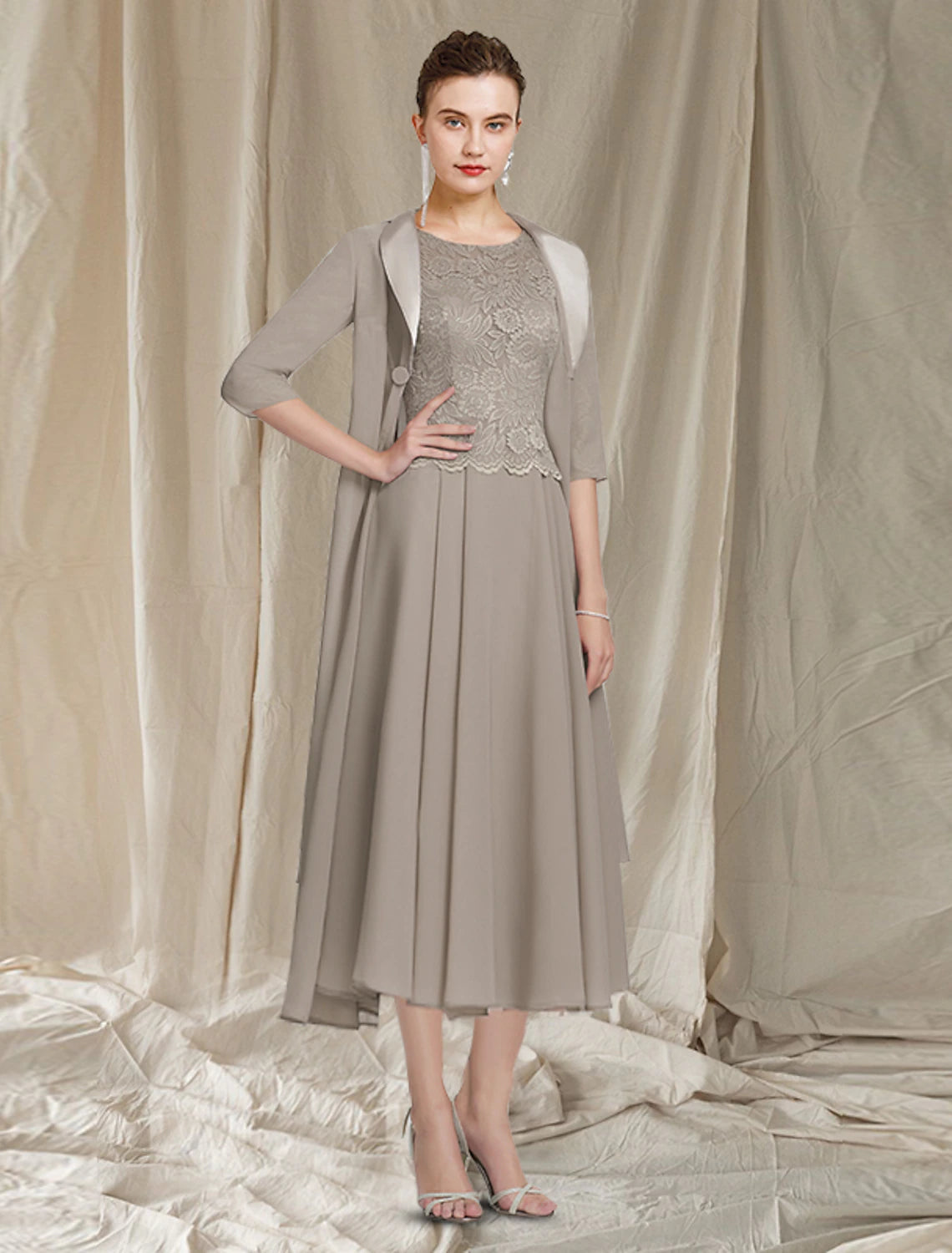 wholesale  Two Piece A-Line Mother of the Bride Dress Church Elegant Jewel Neck Tea Length Chiffon Lace Half Sleeve Jacket Dresses with Appliques