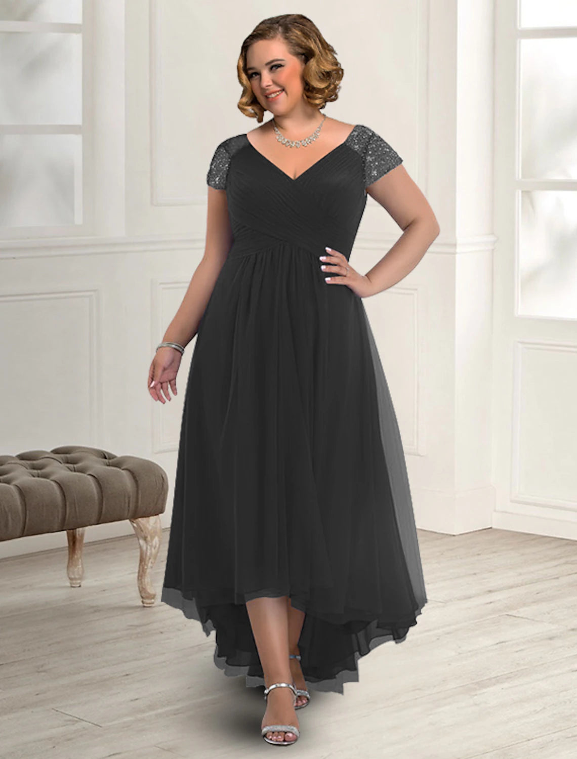 wholesale  A-Line Mother of the Bride Dress Plus Size Elegant High Low V Neck Asymmetrical Floor Length Chiffon Short Sleeve with Pleats Beading