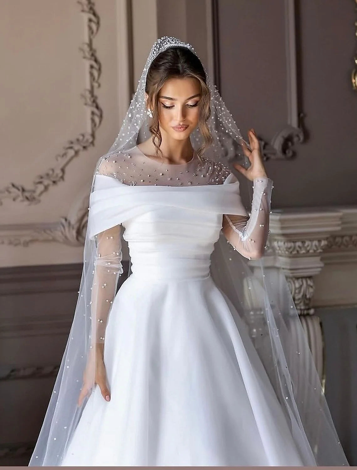 Wholesa Beach Little White Dresses Formal Wedding Dresses A-Line Illusion Neck Long Sleeve Floor Length Tulle Bridal Gowns With Ruched Beading