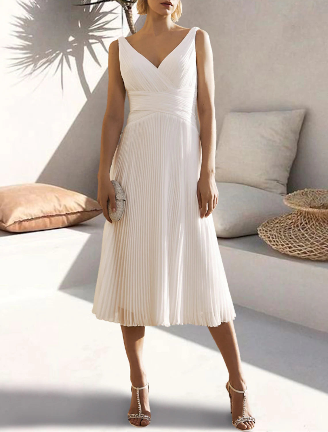 Wholesa A-Line Cocktail Dresses Elegant Dress Formal Wedding Guest Tea Length Sleeveless V Neck Chiffon with Ruched Pure Color