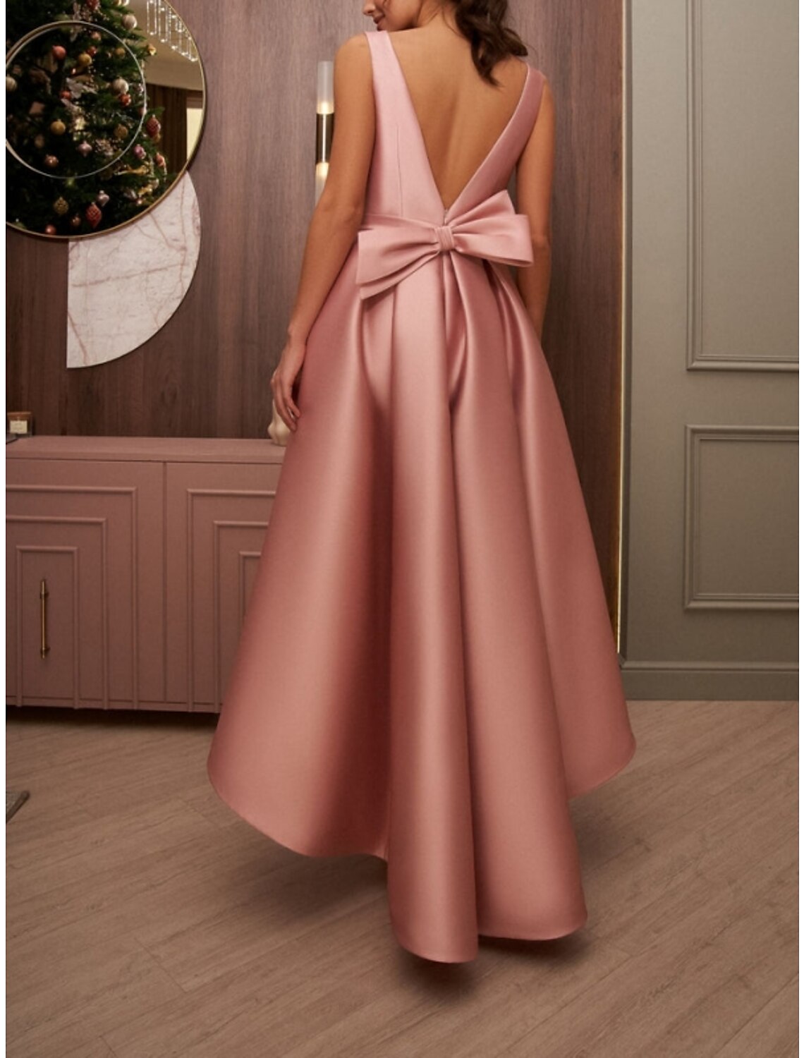 Wholesa A-Line Cocktail Dresses Elegant Dress Wedding Wedding Guest Asymmetrical Sleeveless V Neck Satin with Bow(s) Pleats
