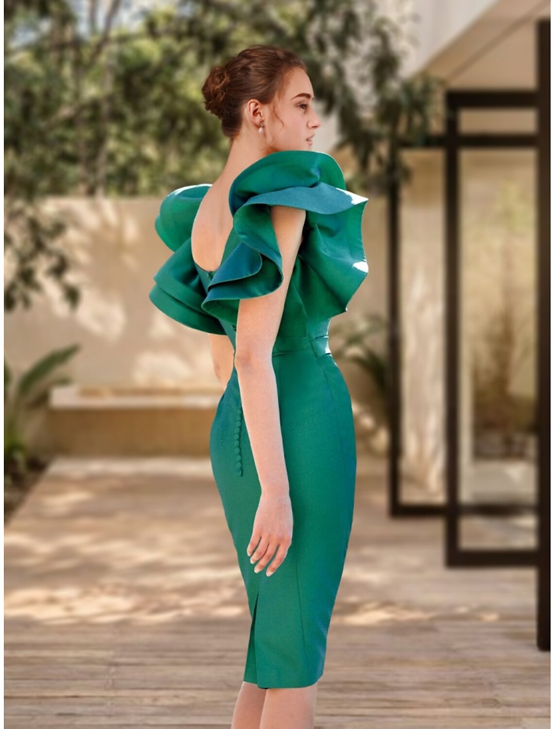 Wholesa  Sheath / Column Cocktail Dresses Elegant Dress Formal Knee Length Christmas Red Green Dress Short Sleeve V Neck Satin with Ruched Ruffles