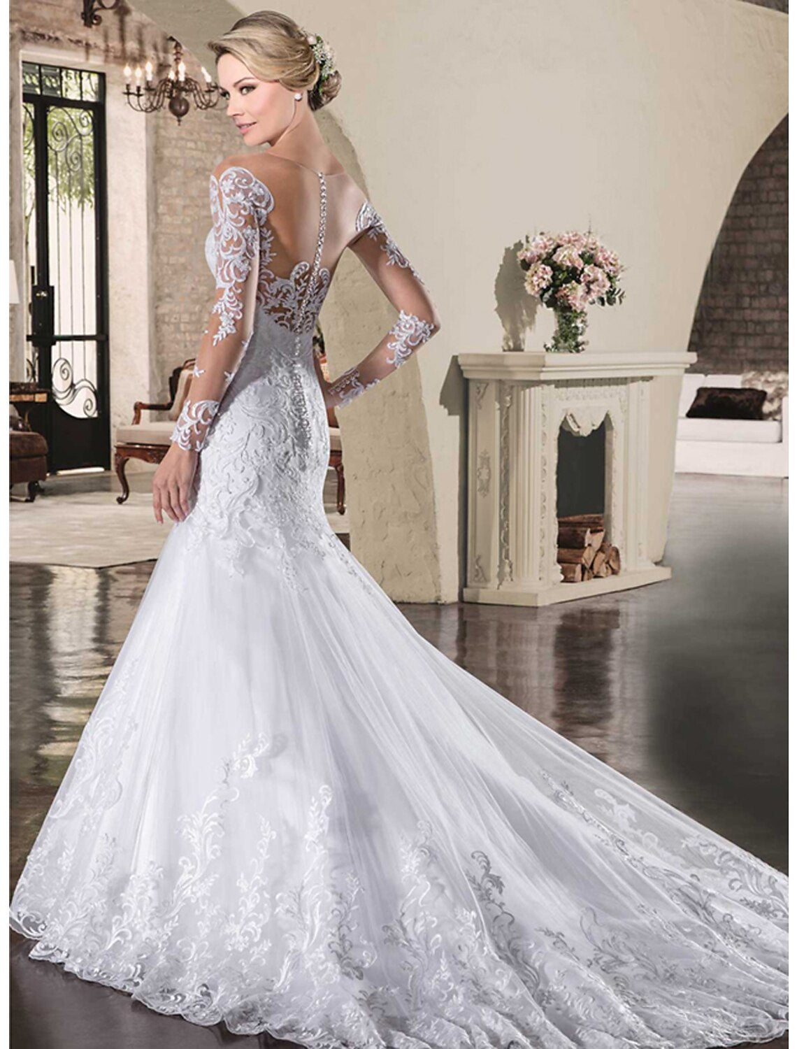 wholesale  White  Engagement Open Back Formal Fall Wedding Dresses Mermaid / Trumpet Illusion Neck Long Sleeve Court Train Lace Bridal Gowns With Appliques